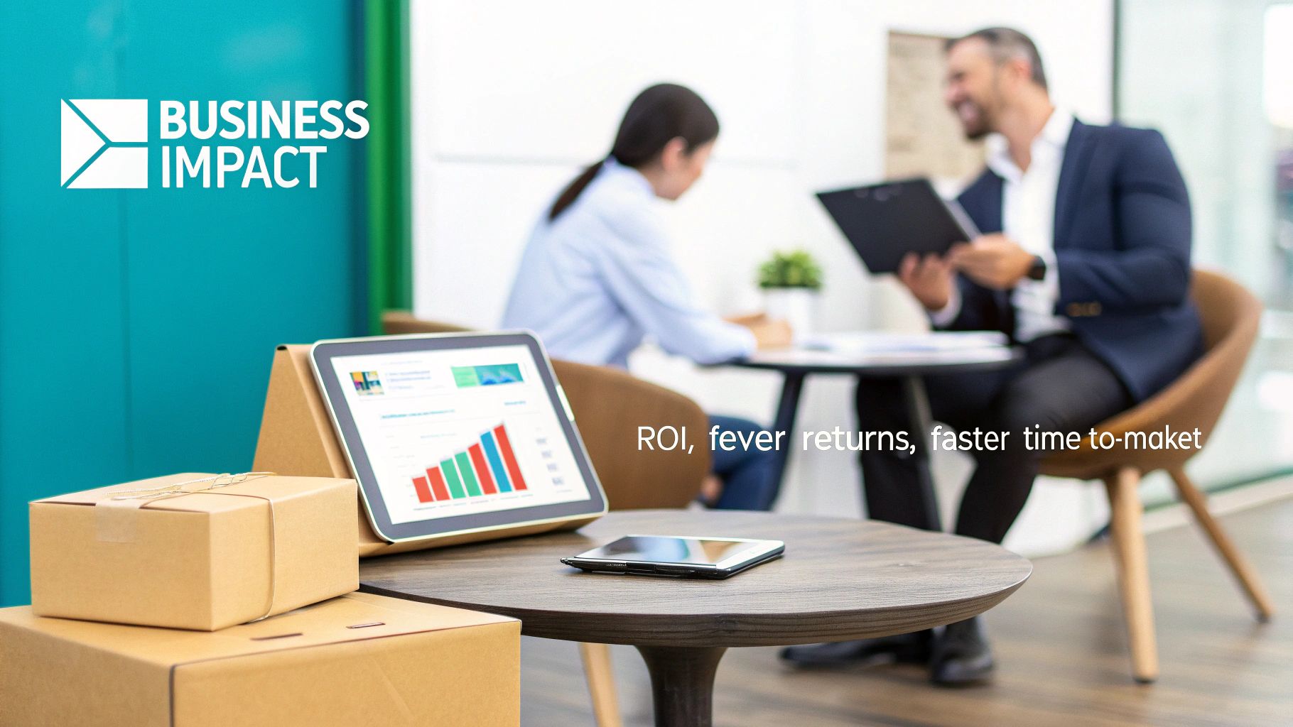 A business meeting with a tablet showing analytics charts, a smartphone, and cardboard shipping boxes.