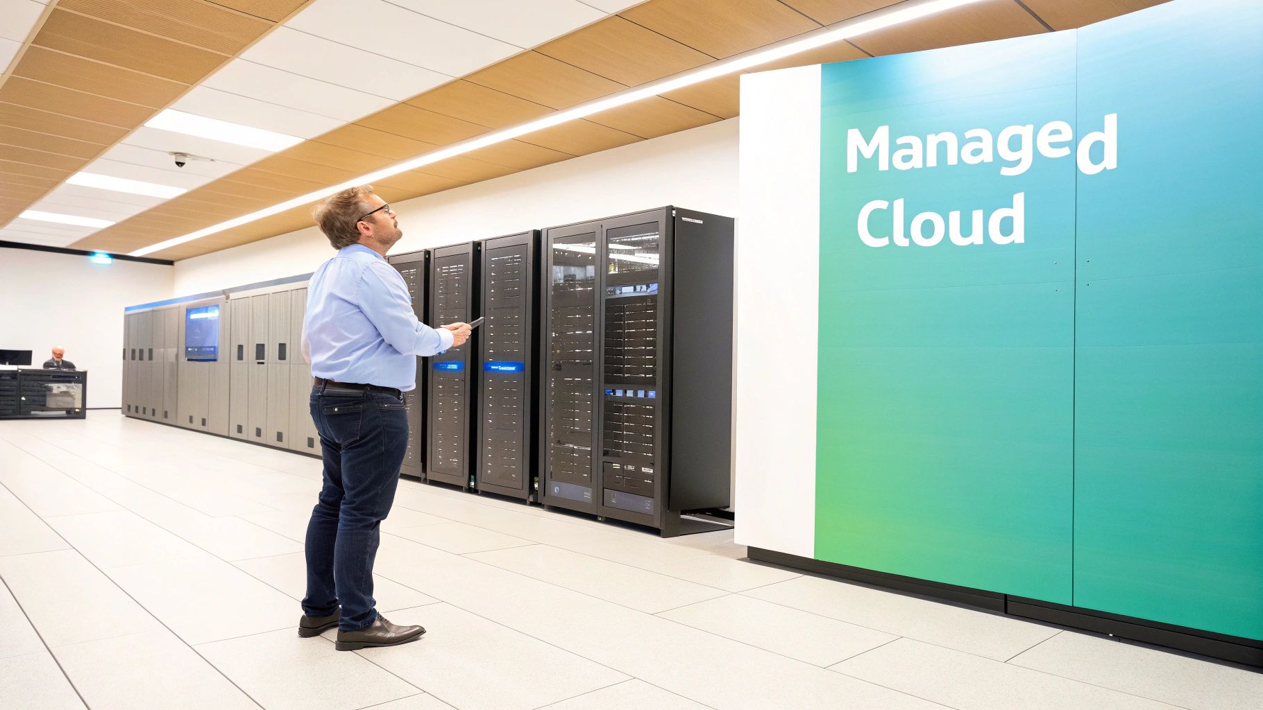 A man with a tablet inspects server racks in a data center with a 'Managed Cloud' sign.