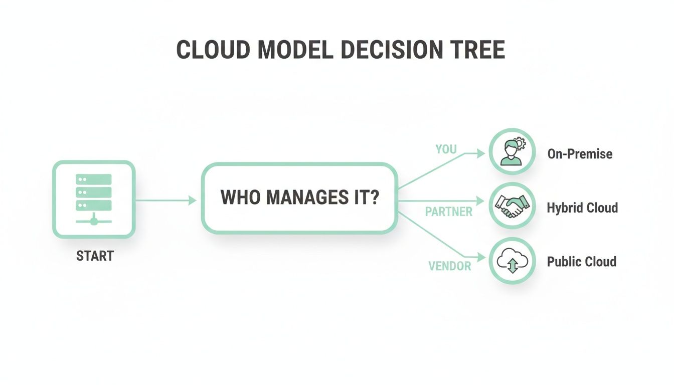 A cloud model decision tree illustrating On-Premise, Hybrid, and Public Cloud based on management.