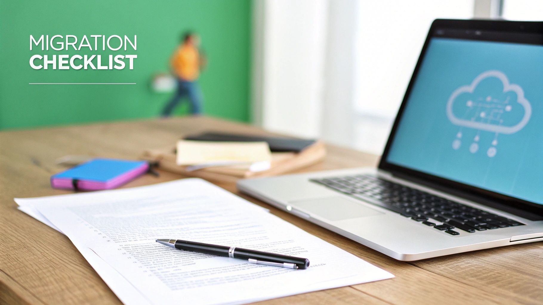 A laptop displaying a cloud icon, papers, and a pen on a desk, with 'MIGRATION CHECKLIST' text.