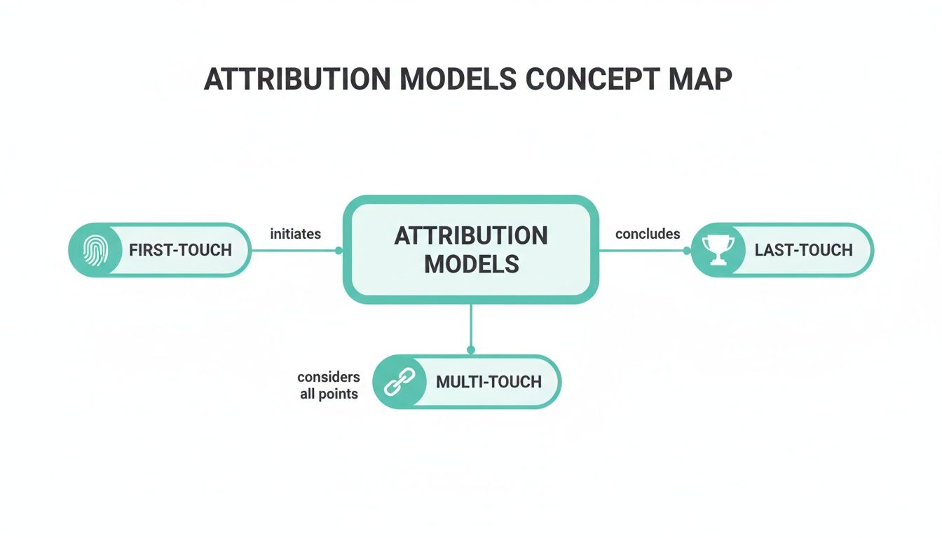 A concept map showing attribution models, including first-touch, last-touch, and multi-touch.