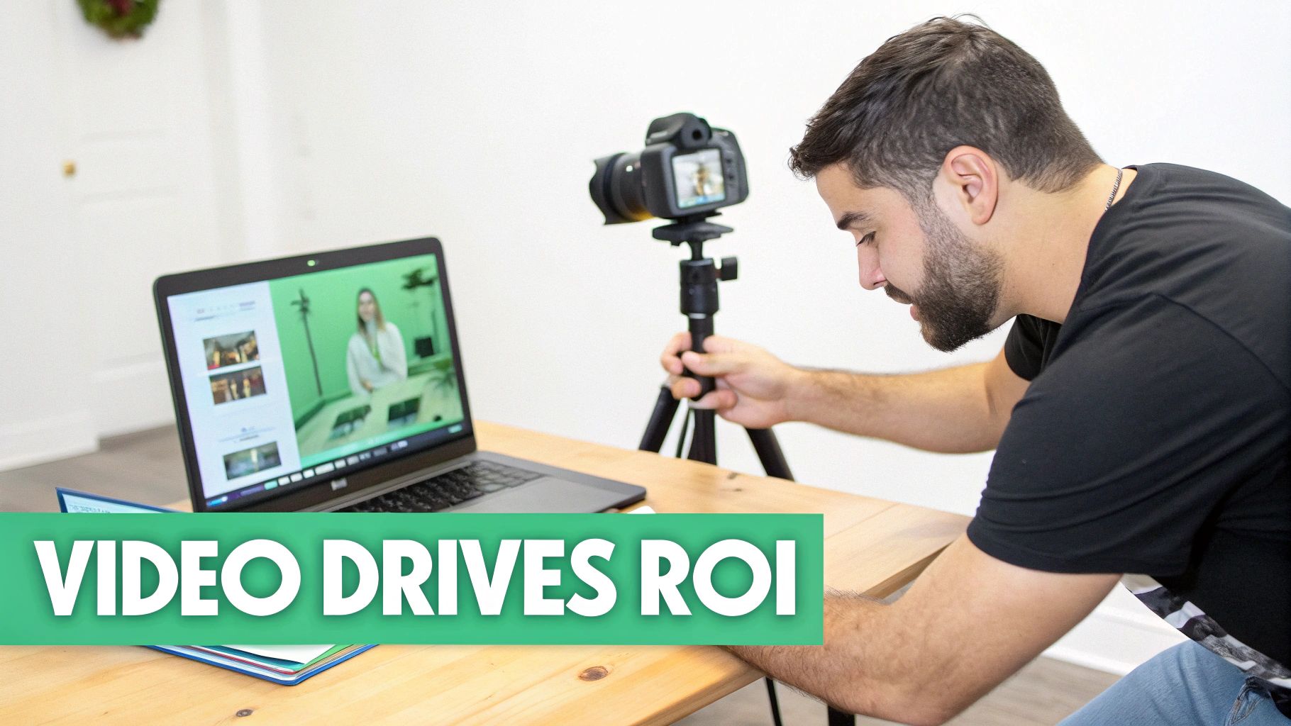 A man adjusts a camera on a tripod, observing a laptop displaying a woman in a video recording setup.