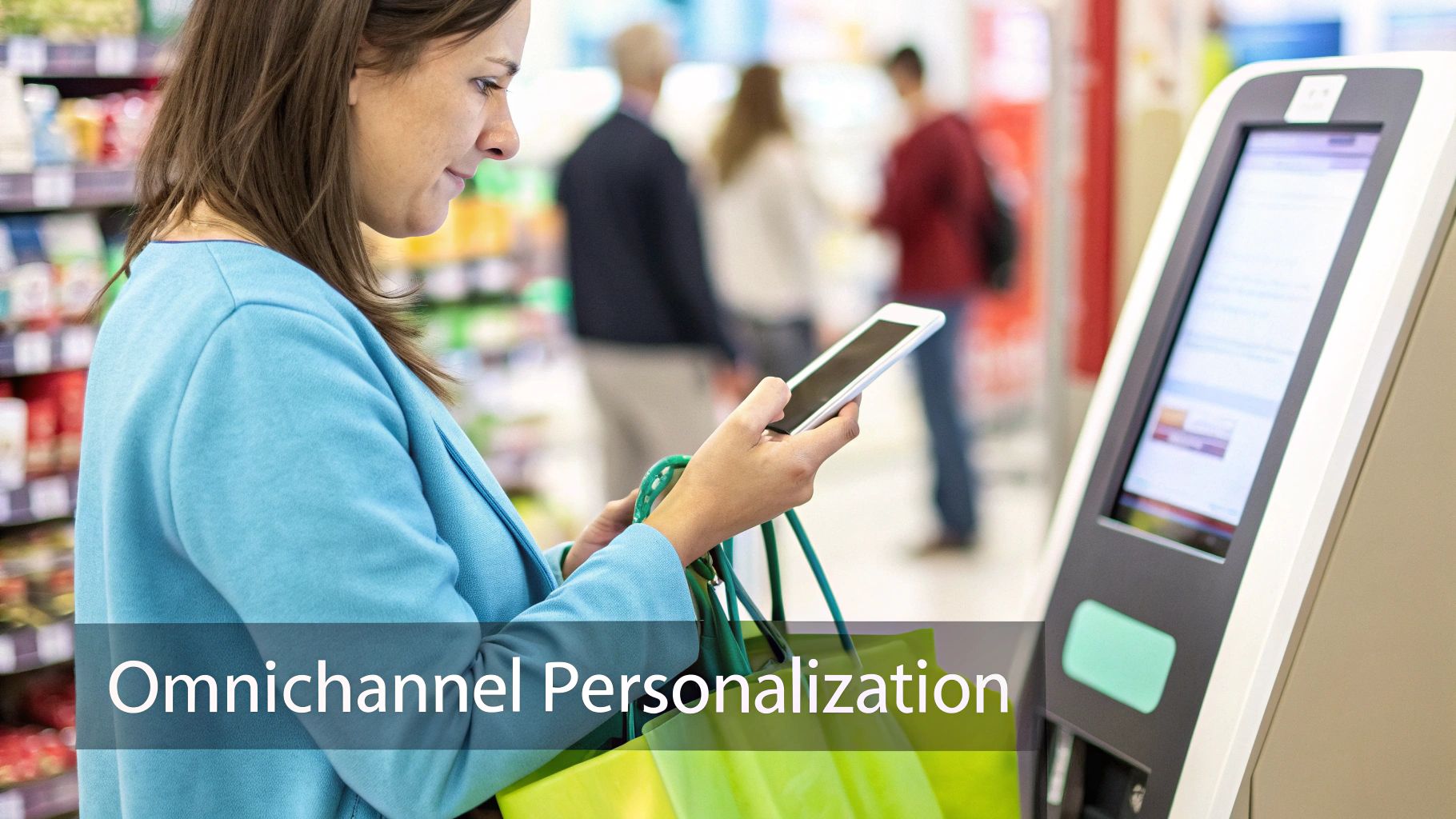 A woman uses her smartphone in a retail store, holding shopping bags, near a self-service kiosk.
