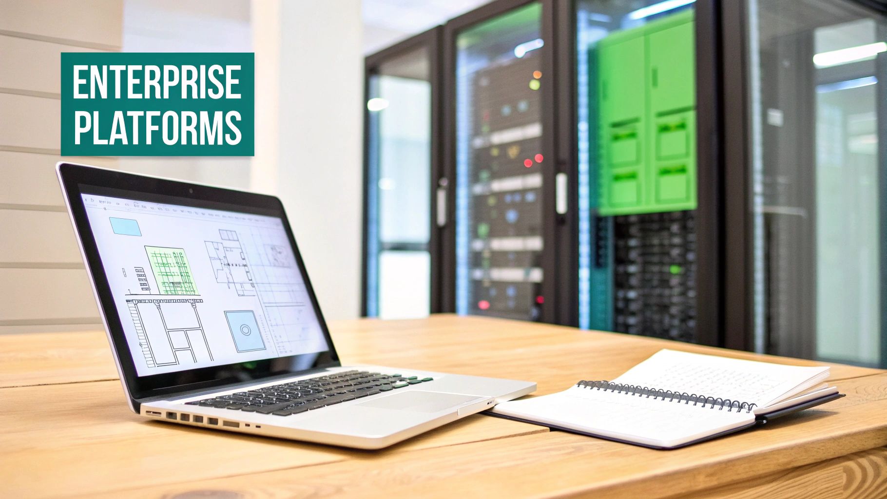 A laptop with architectural plans and server racks in a data center, suitable for enterprise platforms.