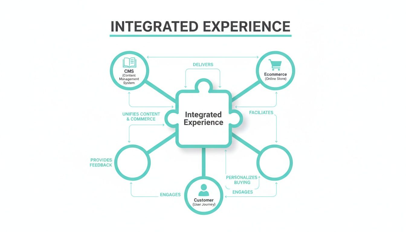 Diagram illustrating an integrated experience concept connecting CMS, ecommerce, and customer journey for unified content and commerce.
