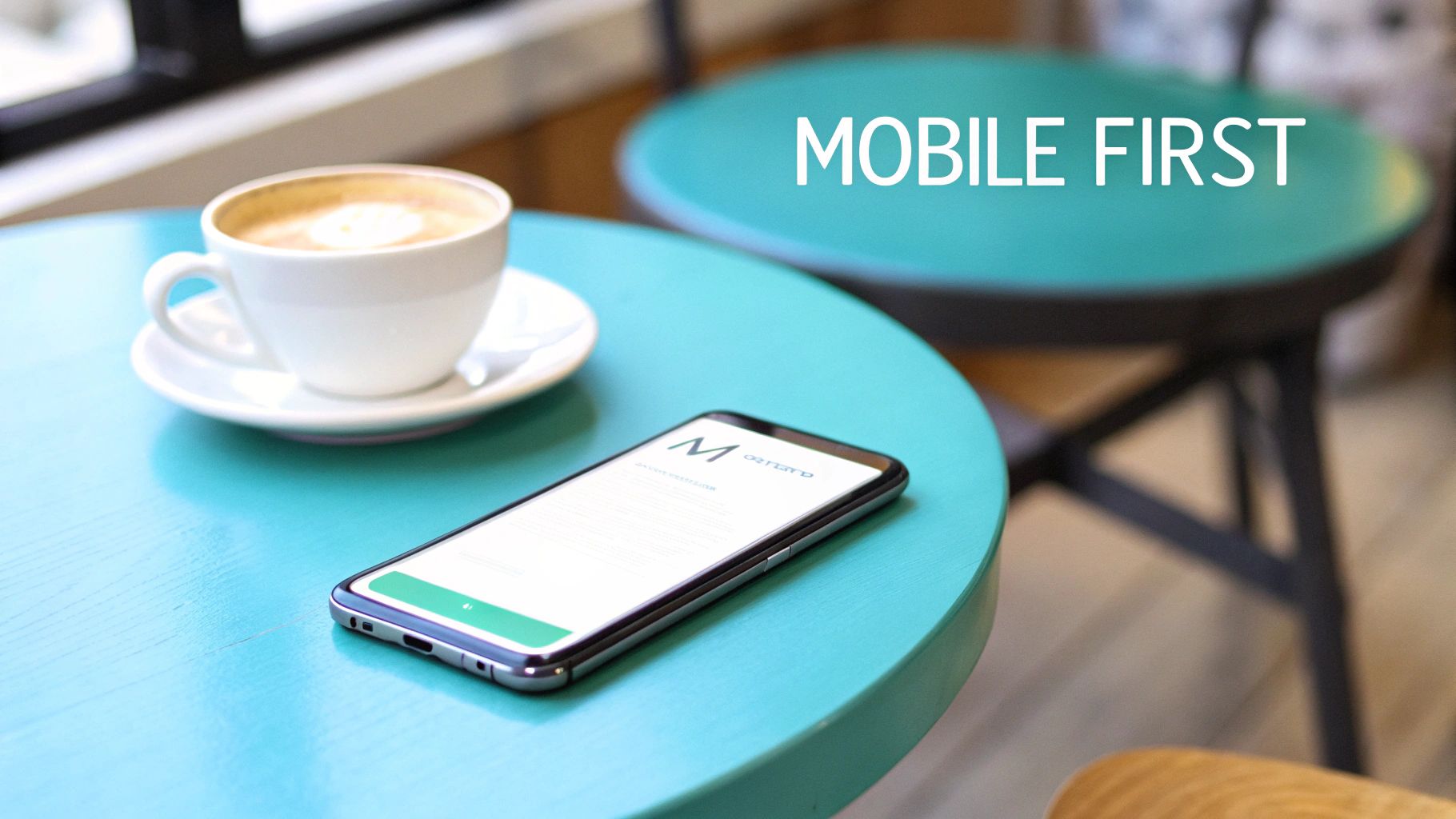 A smartphone and coffee on a teal table with 'MOBILE FIRST' text overlay.