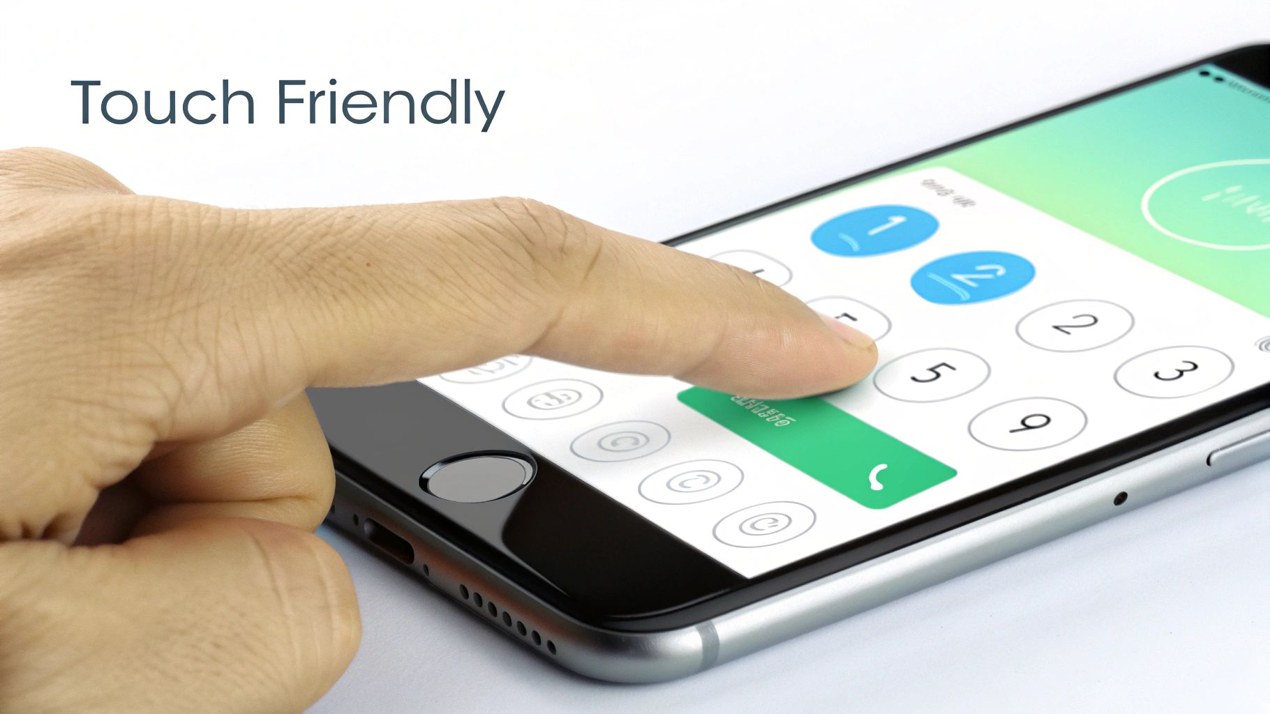 A hand touches a smartphone screen displaying a dial pad with numbers, emphasizing touch-friendly design.
