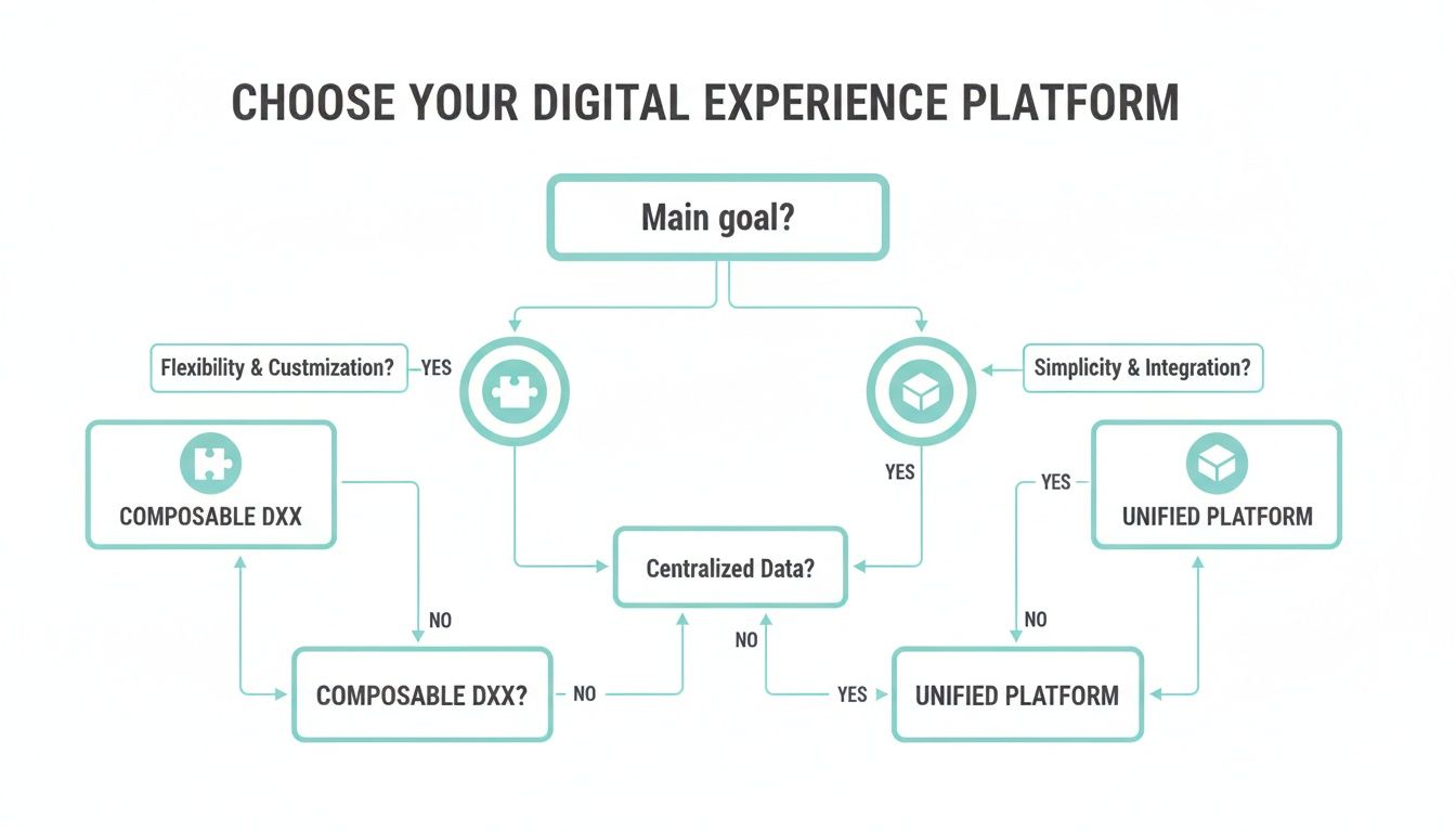 Decision flowchart illustrating the selection process for a Digital Experience Platform, comparing Composable DXX and Unified Platforms.