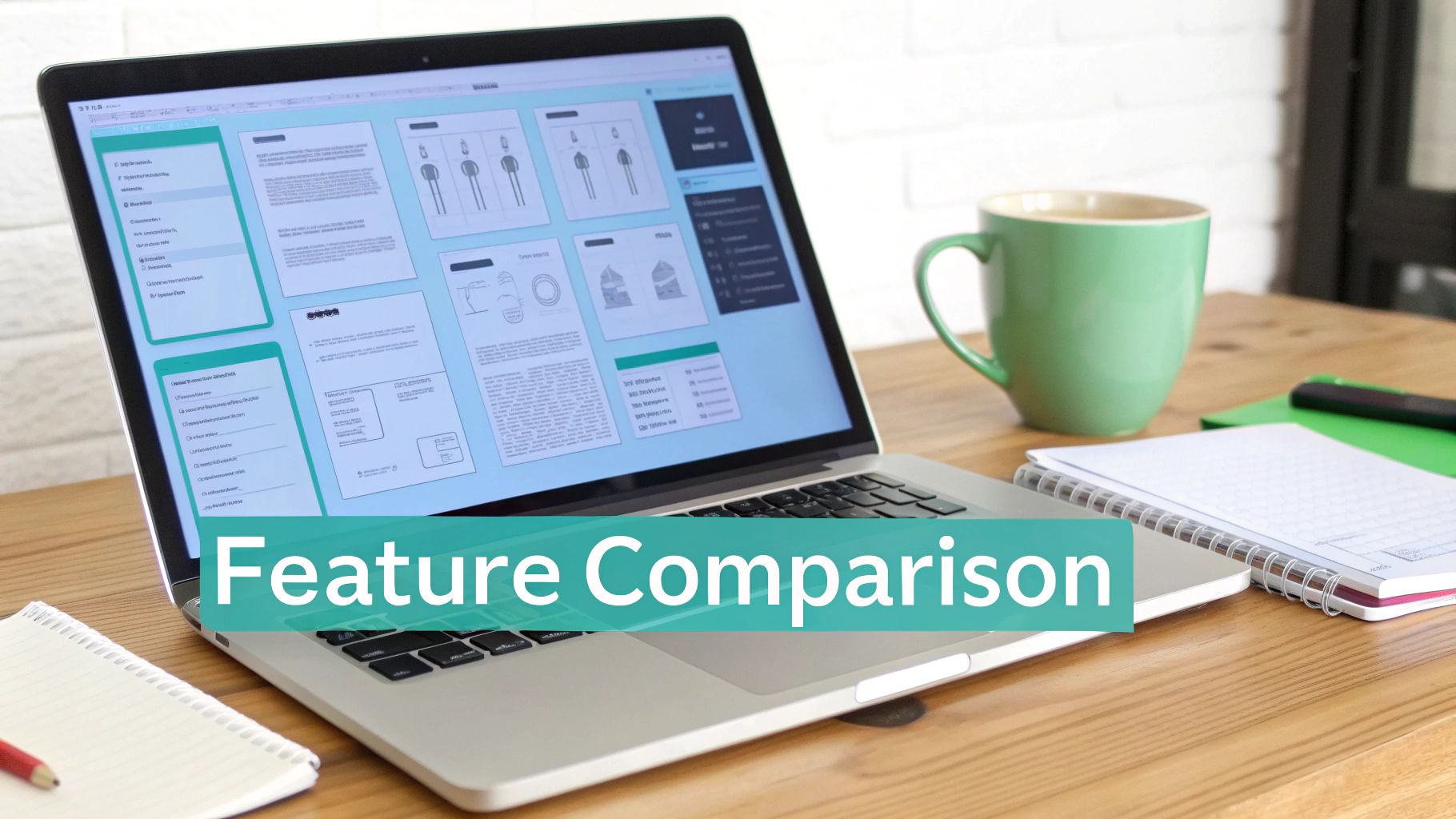 Laptop on a wooden desk displaying UI/UX design wireframes, with a 'Feature Comparison' text overlay, next to a mug and notebook.
