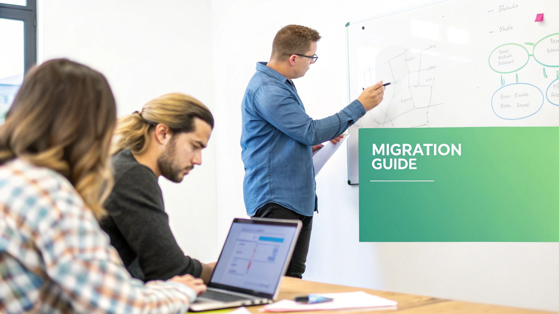 Professionals collaborating in an office, a man explains a diagram on a whiteboard while others work on laptops.