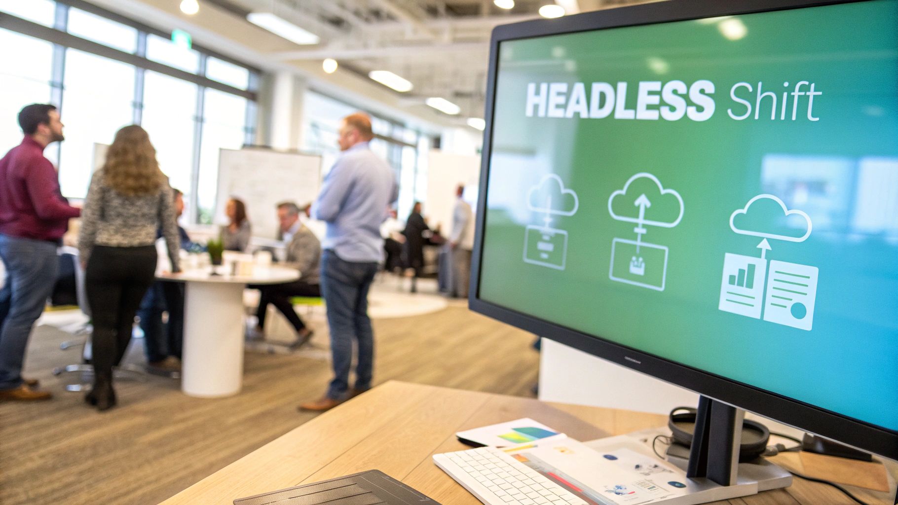 People in a modern office, with a monitor displaying 'HEADLESS Shift' and cloud computing icons.