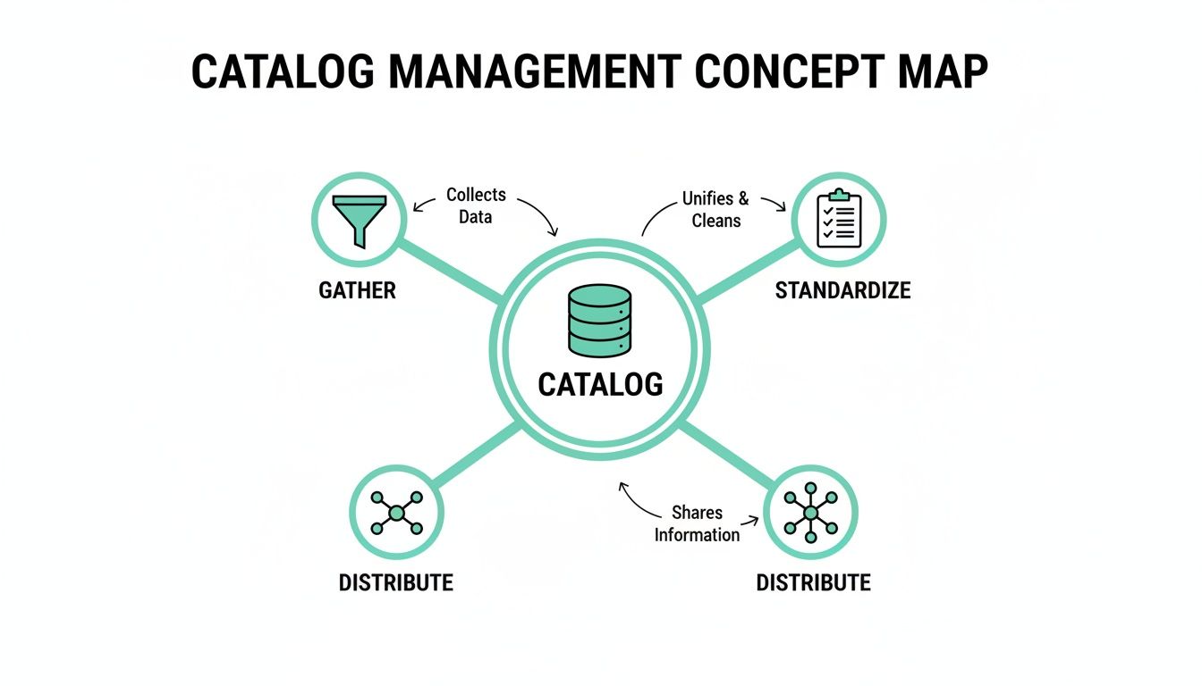 A visual concept map detailing the catalog management process, including gathering, standardizing, and distributing data.