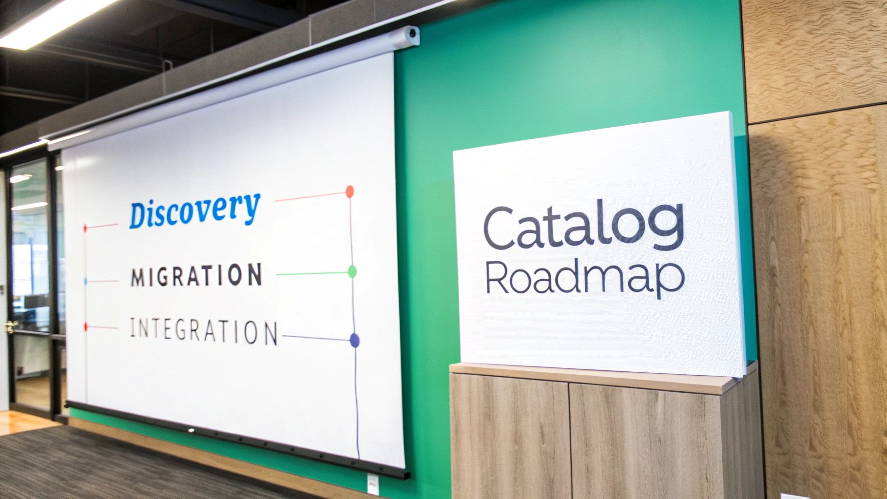 An office meeting room featuring a screen with project phases and a prominent Catalog Roadmap sign.