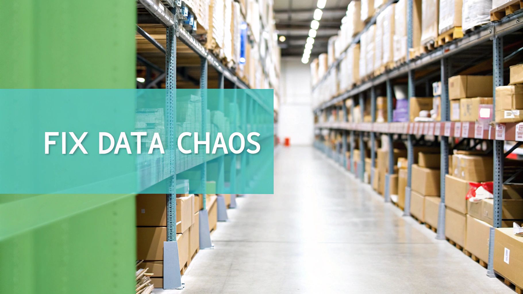 A wide shot of a warehouse aisle filled with stacked boxes on shelves, overlaid with 'FIX DATA CHAOS'.