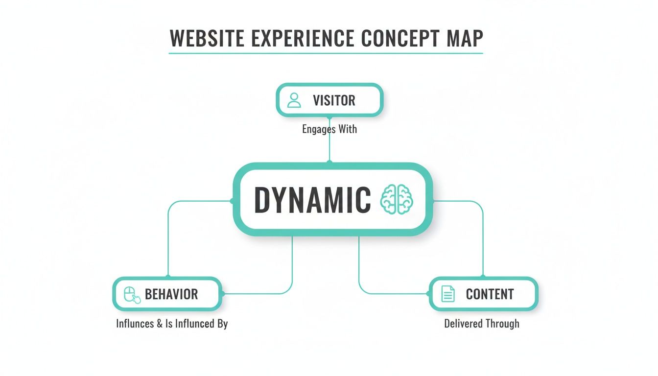 A concept map illustrating the dynamic relationship between visitors, their behavior, and content in a website experience.
