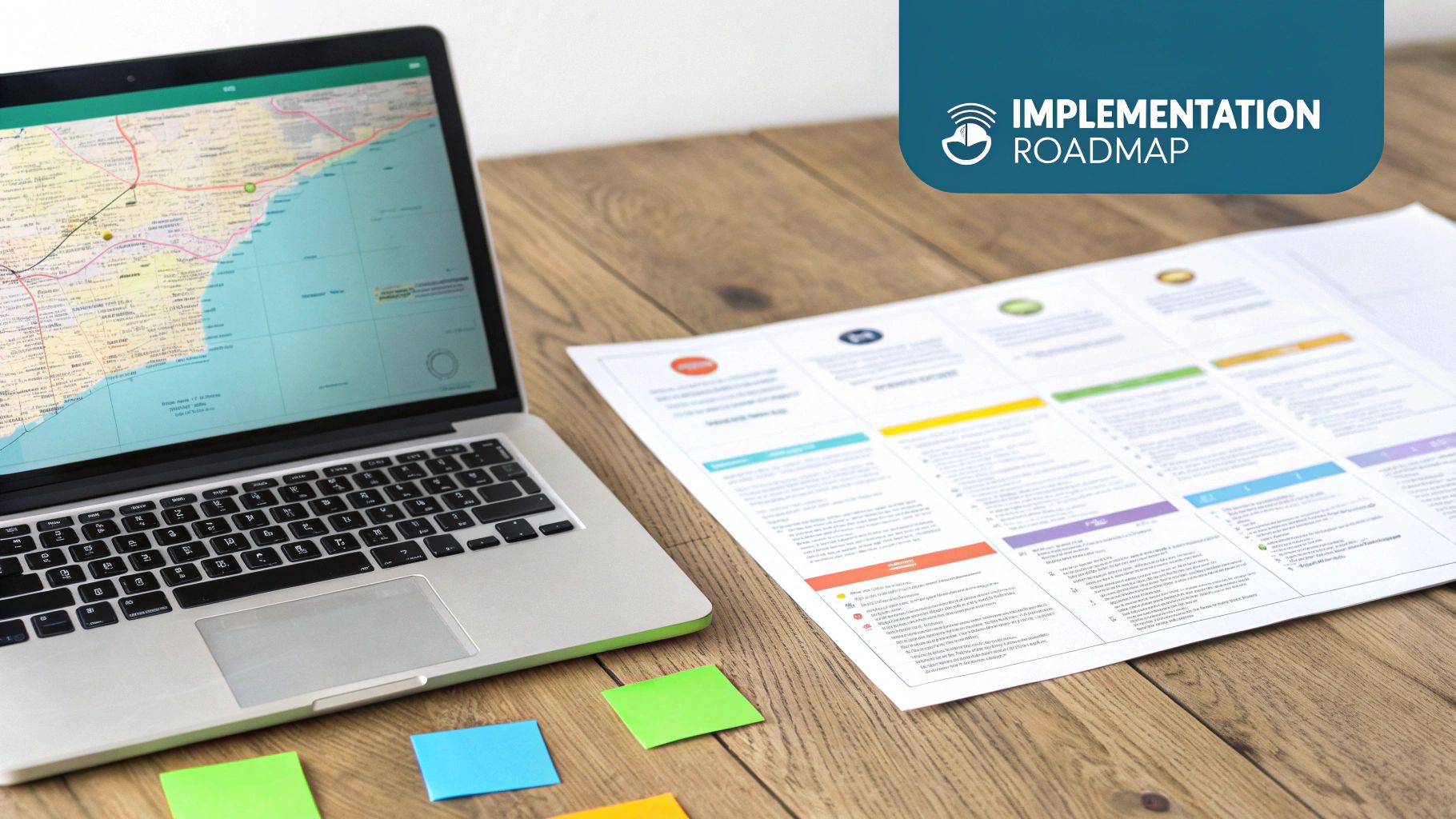 A laptop displaying a map, an 'Implementation Roadmap' document, and sticky notes on a wooden desk.