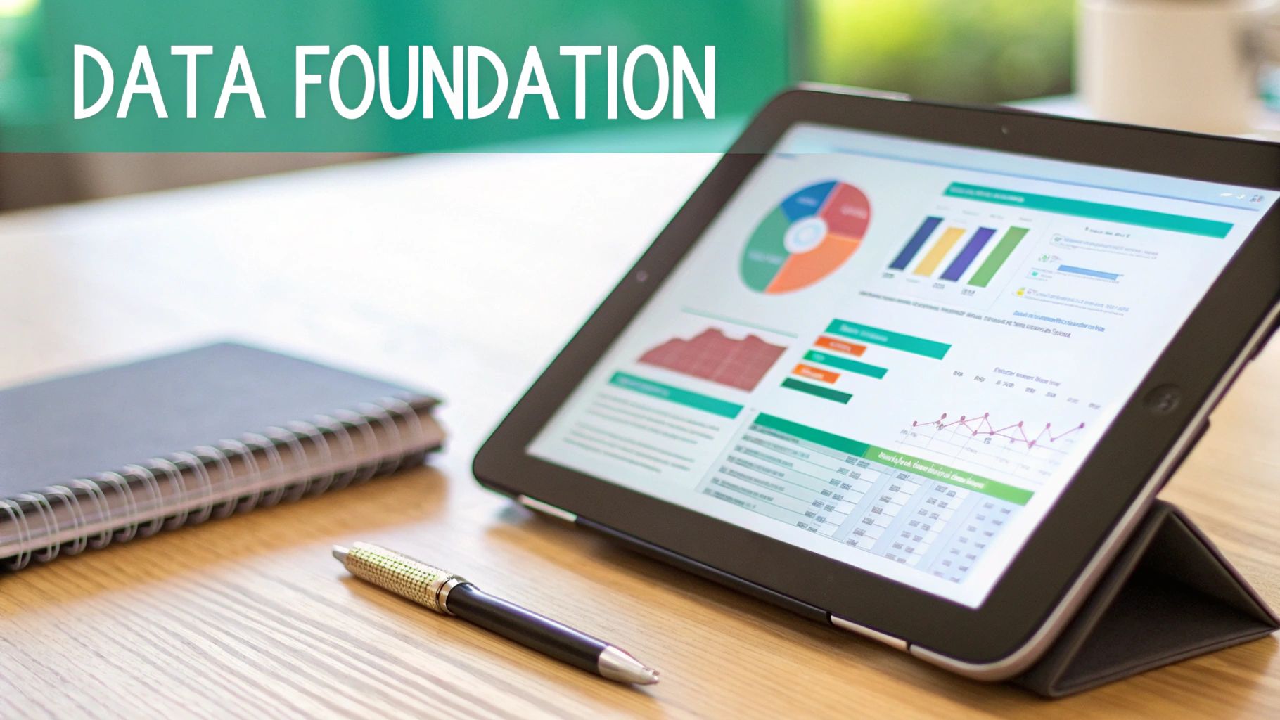 A tablet displays data analytics, charts, and graphs on a wooden desk with a notebook and pen.