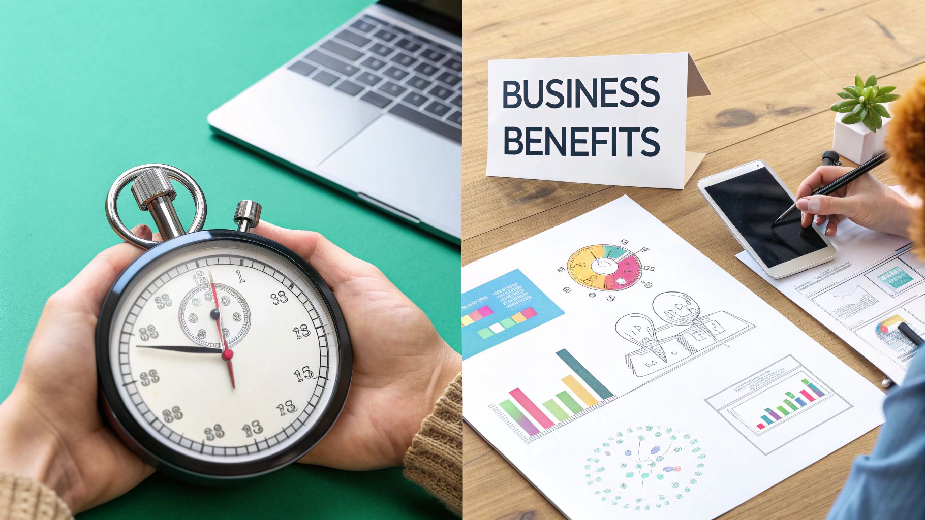 Hands hold a stopwatch near a laptop, while a person analyzes charts related to business benefits.