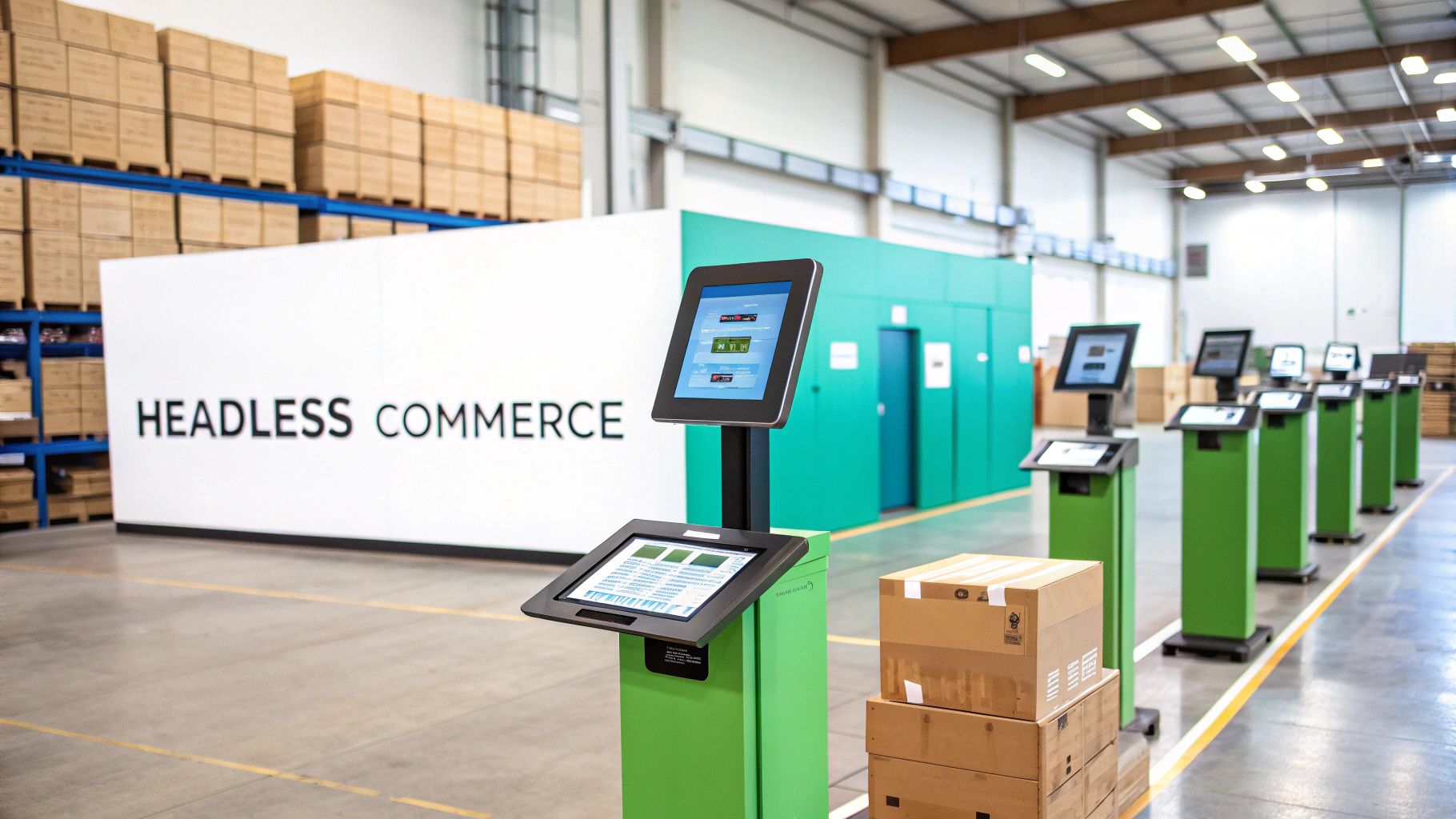 Modern warehouse interior with multiple green kiosks displaying information, next to 'HEADLESS COMMERCE' wall.