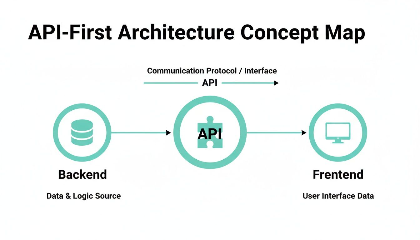An API-First Architecture concept map illustrating data flow from the Backend to the Frontend via an API.