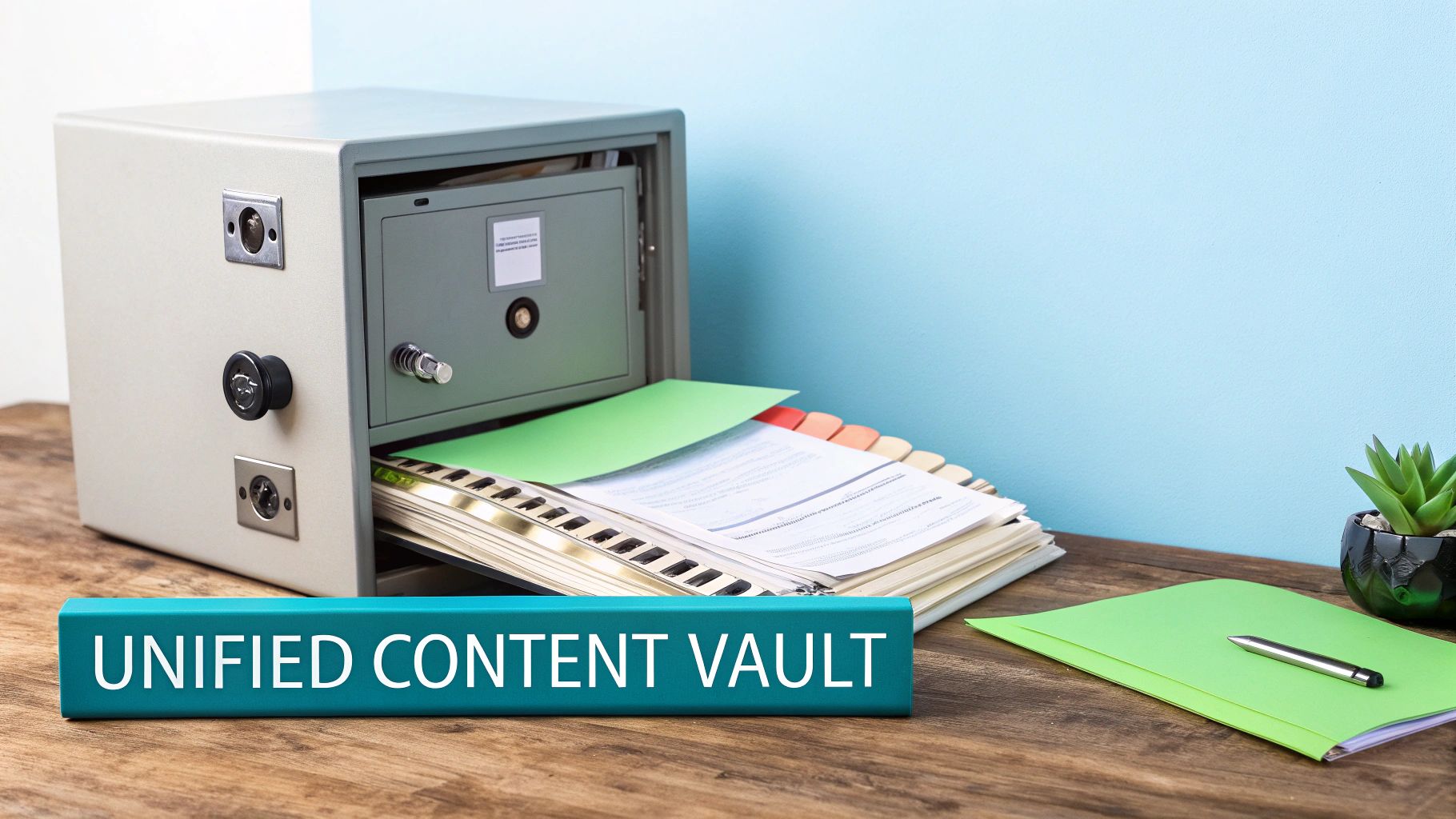 A mini safe opened on a wooden desk with documents, a smaller safe inside, and a 'UNIFIED CONTENT VAULT' banner.