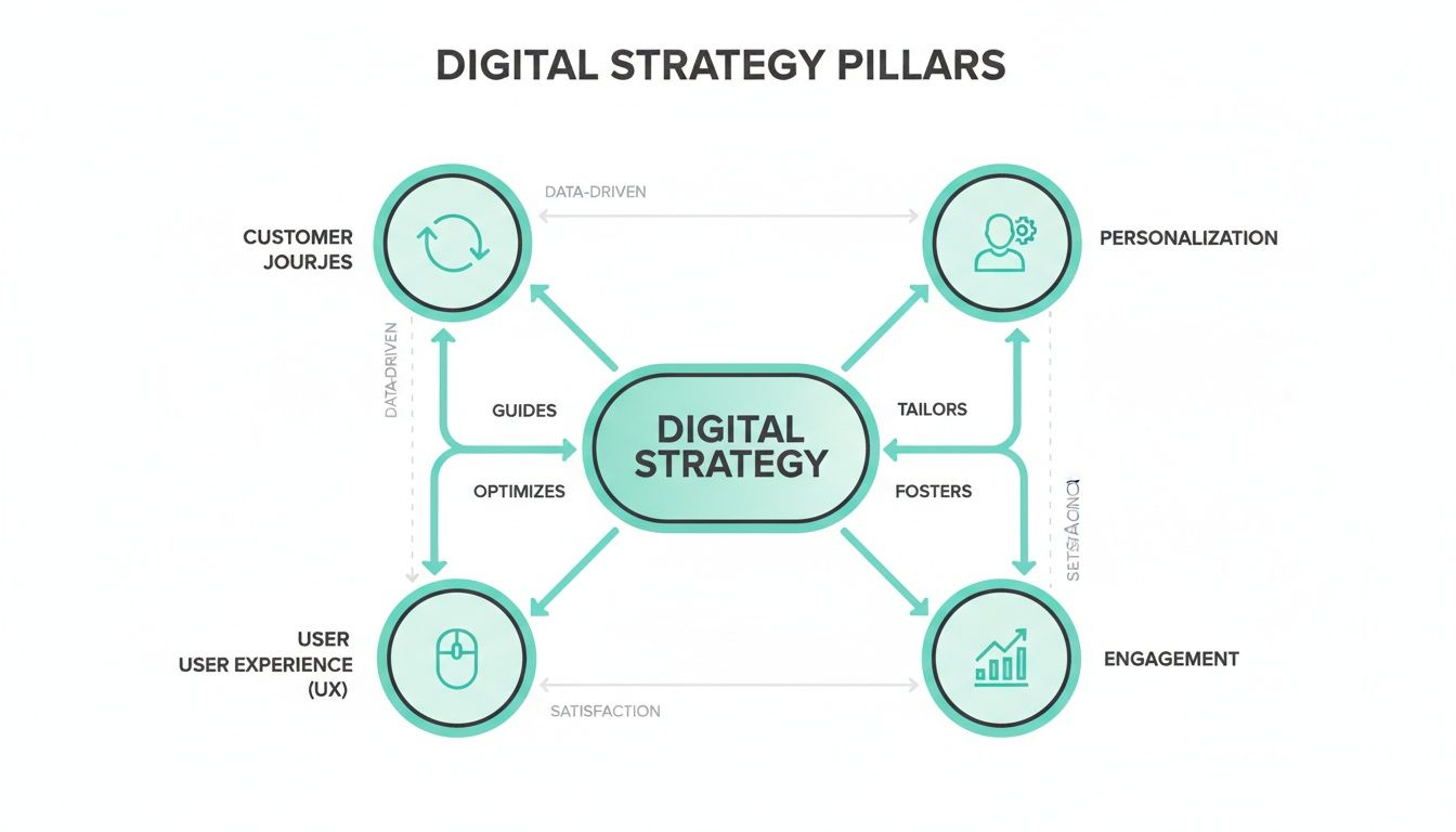 Diagram illustrating digital strategy pillars: Customer Journeys, Personalization, User Experience, and Engagement.