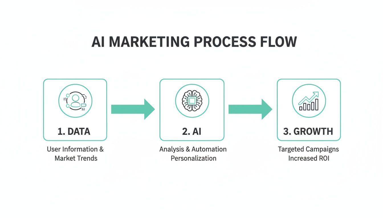 A diagram illustrating the AI marketing process flow: Data, AI, and Growth steps.