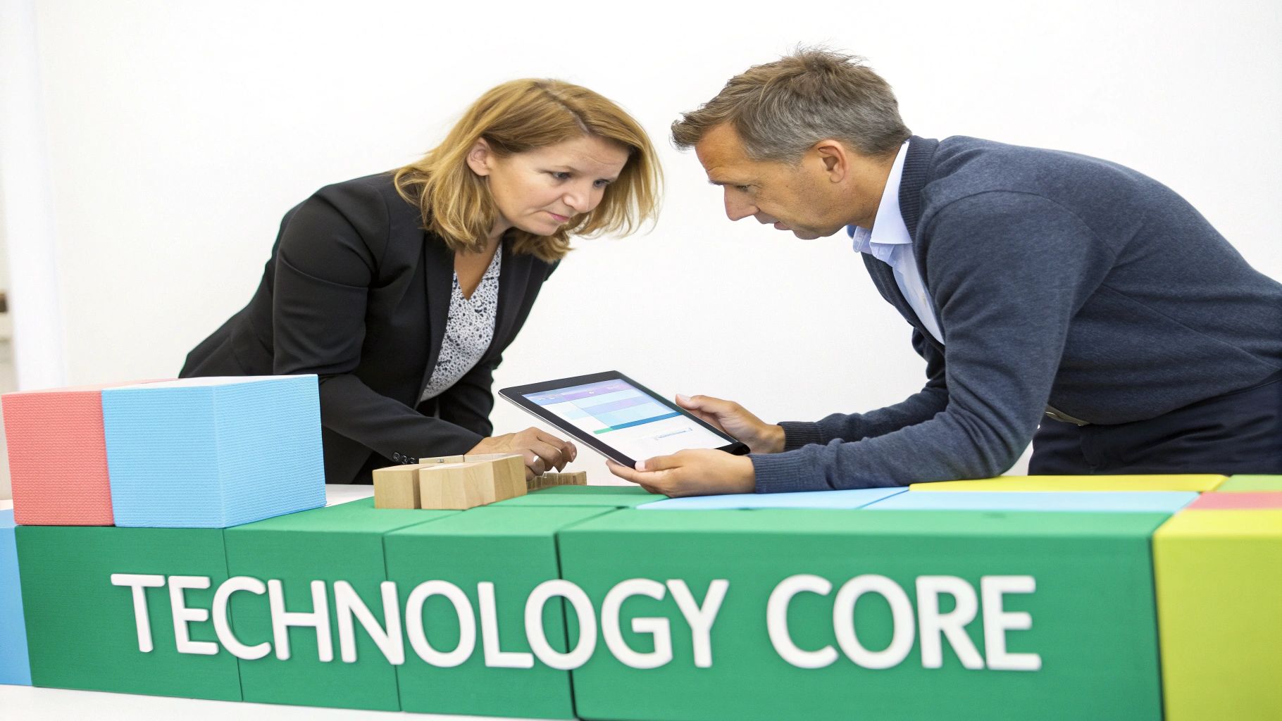 Two professionals intently discuss content on a tablet screen near a 'TECHNOLOGY CORE' display.