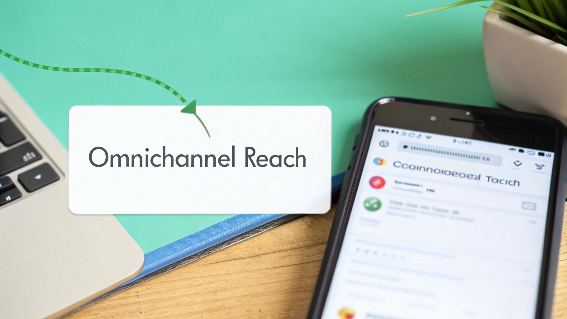 Overhead view of a desk with a laptop, smartphone, and a card featuring 'Omnichannel Reach' text, symbolizing integrated marketing strategy.