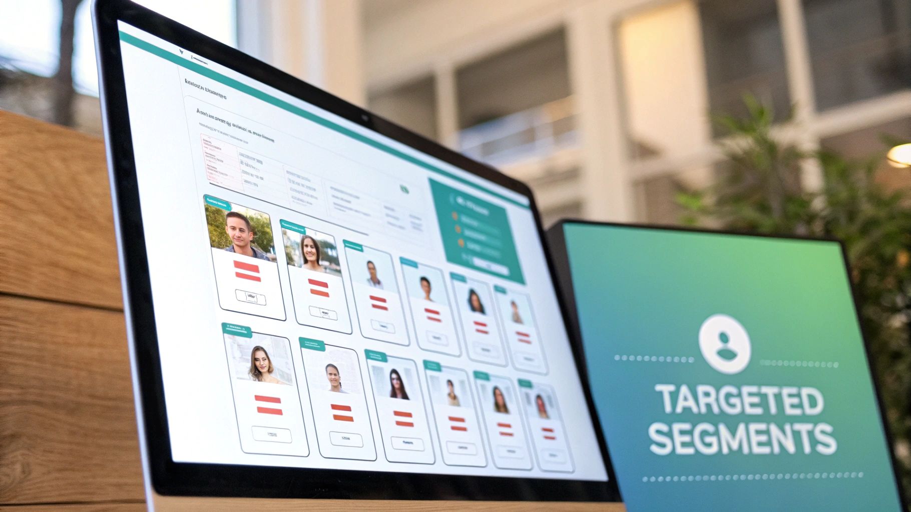 Digital marketing dashboard displaying user segments and the text 'TARGETED SEGMENTS' on a separate screen.