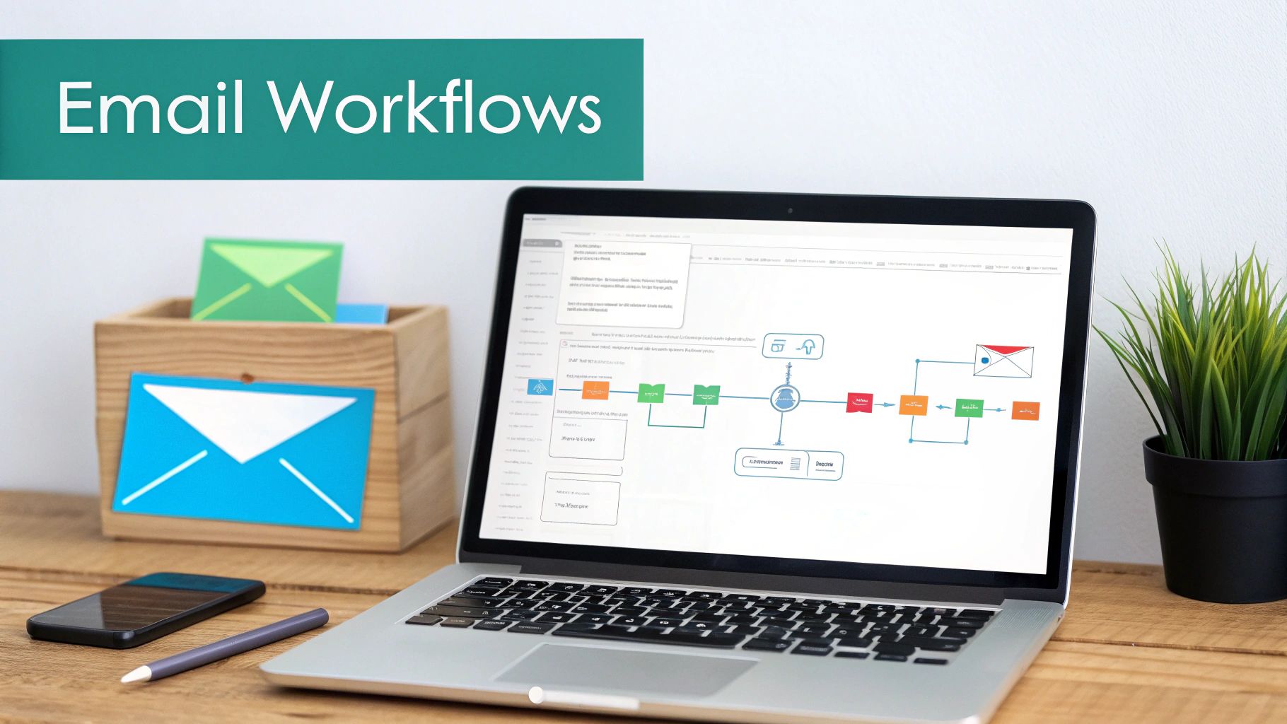 Laptop displaying email workflow software and "Email Workflows" title, with envelopes and phone.