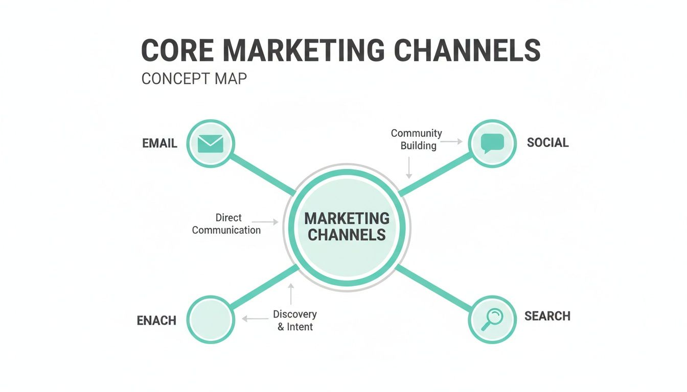 Concept map illustrating core marketing channels: email, social, search, and Enach, with their functions.