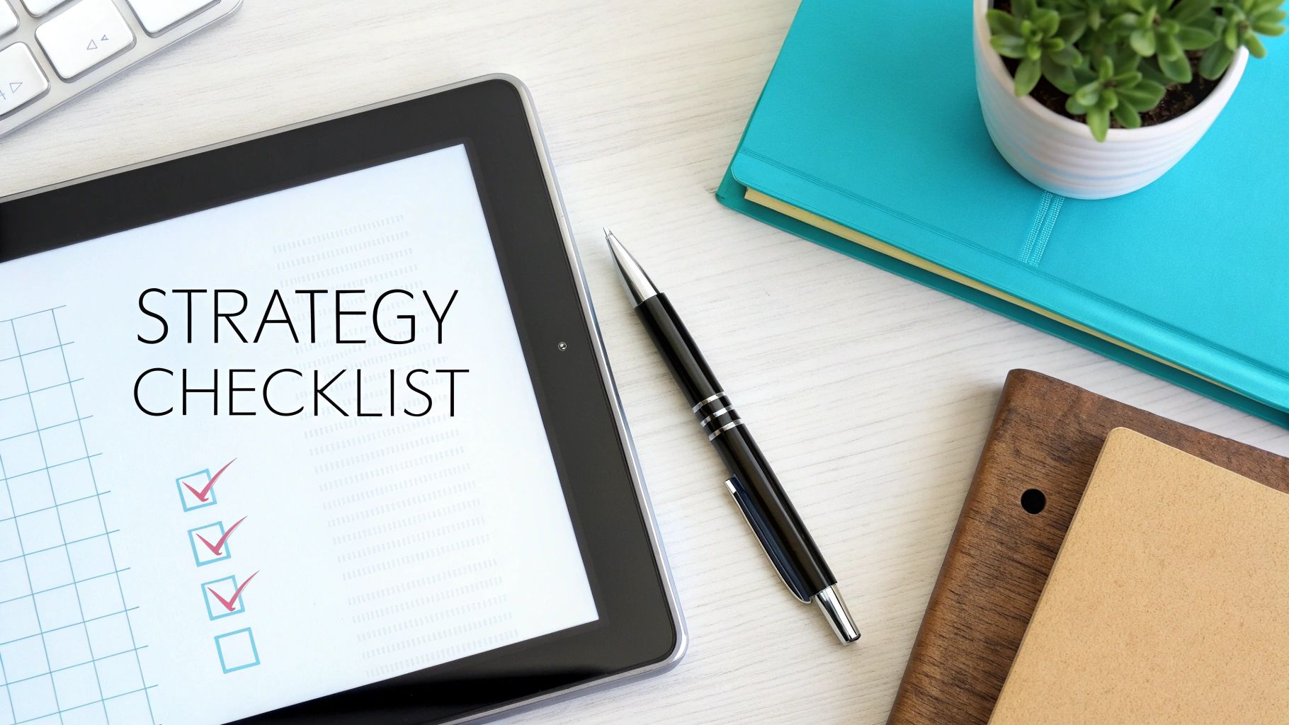 A tablet displaying a 'STRATEGY CHECKLIST' with checked items, alongside a pen and notebooks.