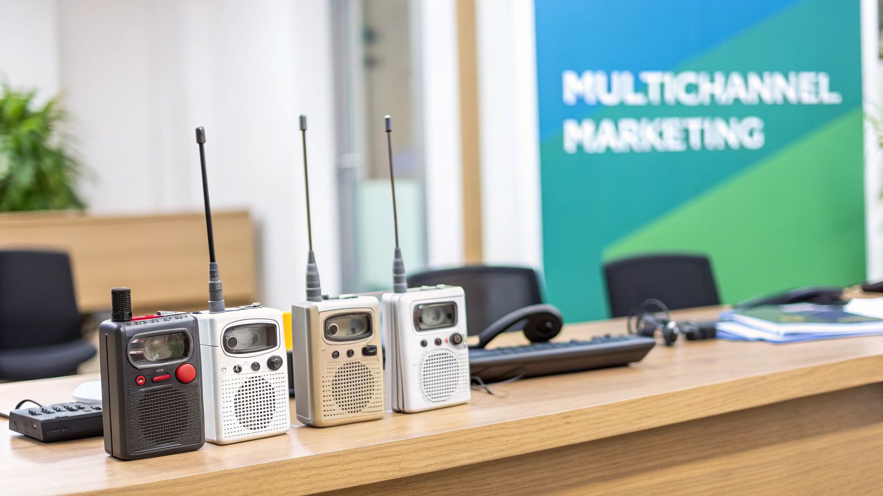 Four portable radio devices lined on a wooden table in front of a Multichannel Marketing banner.