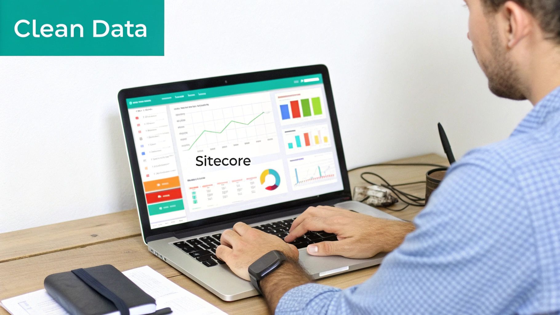 A man works on a laptop showing Sitecore analytics with charts and graphs, representing clean data.