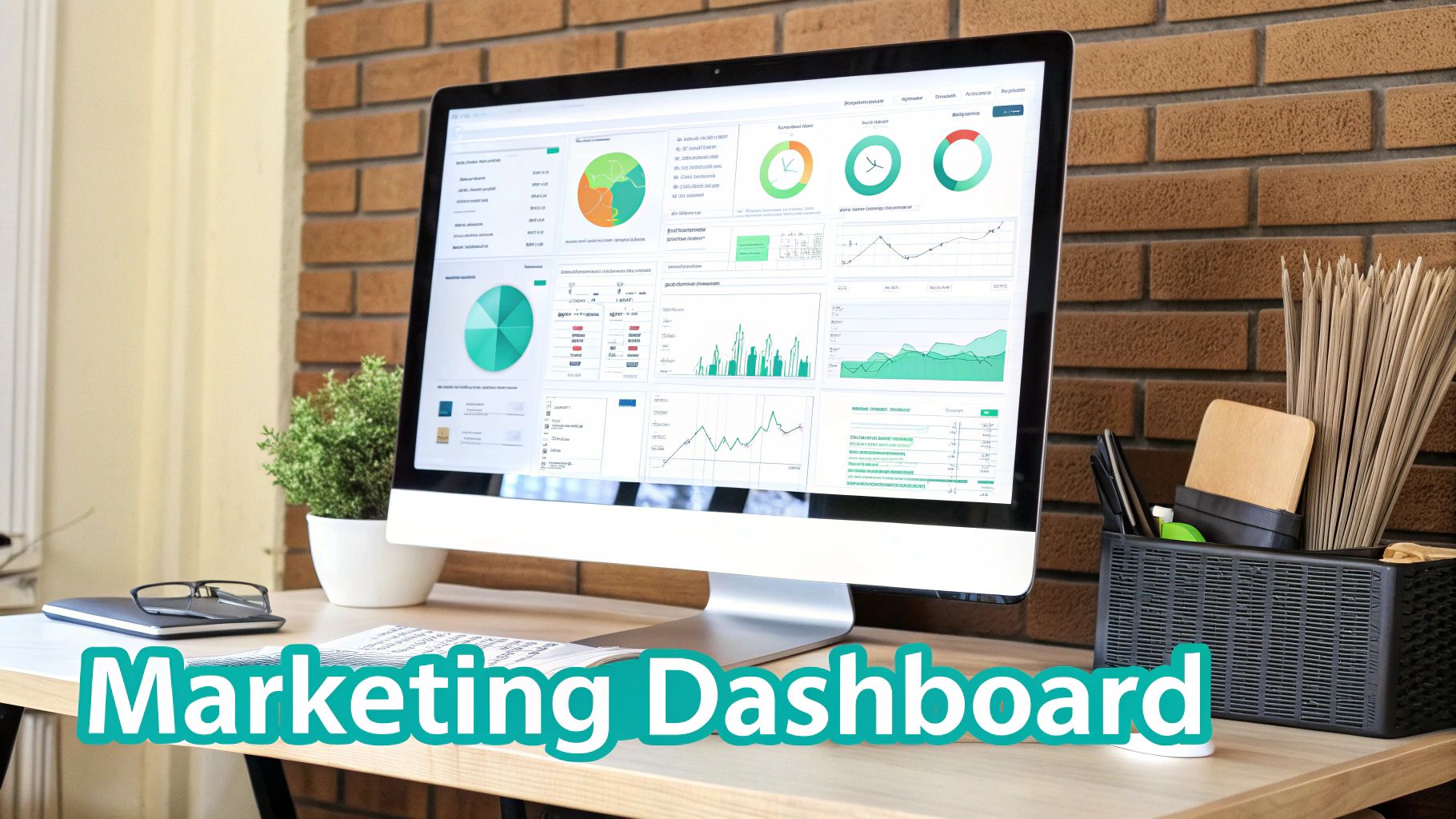 Digital marketing dashboard displayed on a computer screen in a modern office setup with office supplies.