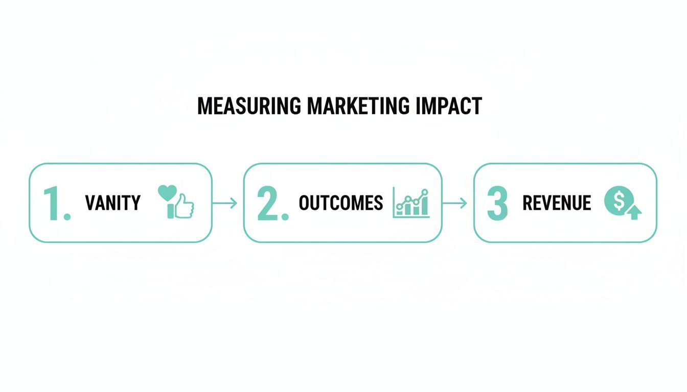 Flowchart illustrating the three steps of measuring marketing impact: vanity, outcomes, and revenue.