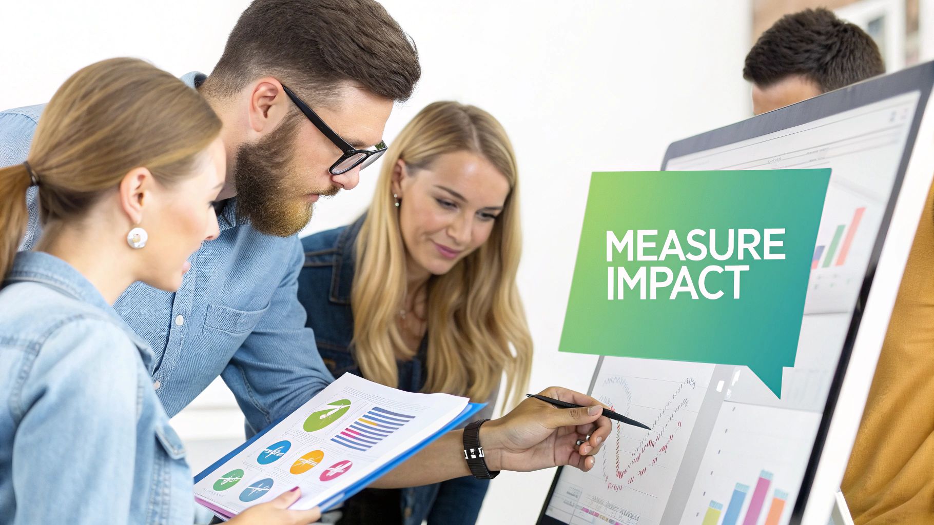 A diverse business team analyzing charts and data on a large screen, focusing on measuring impact.