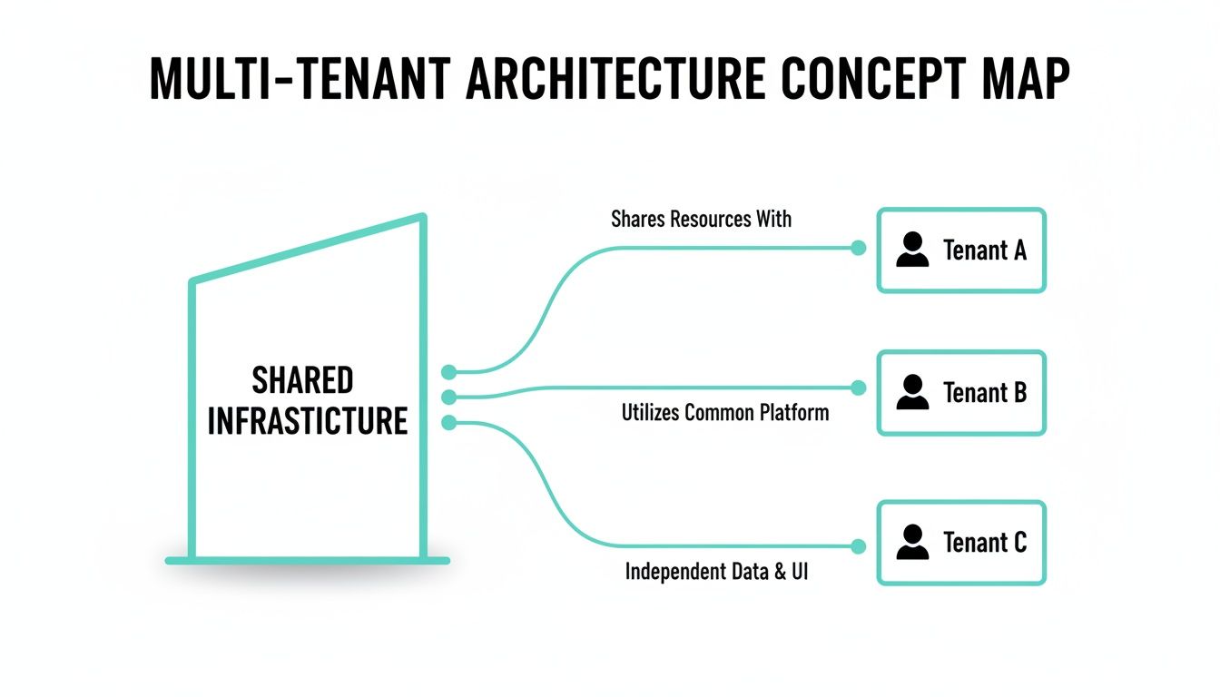 Concept map illustrating multi-tenant architecture with shared infrastructure serving multiple distinct tenants.