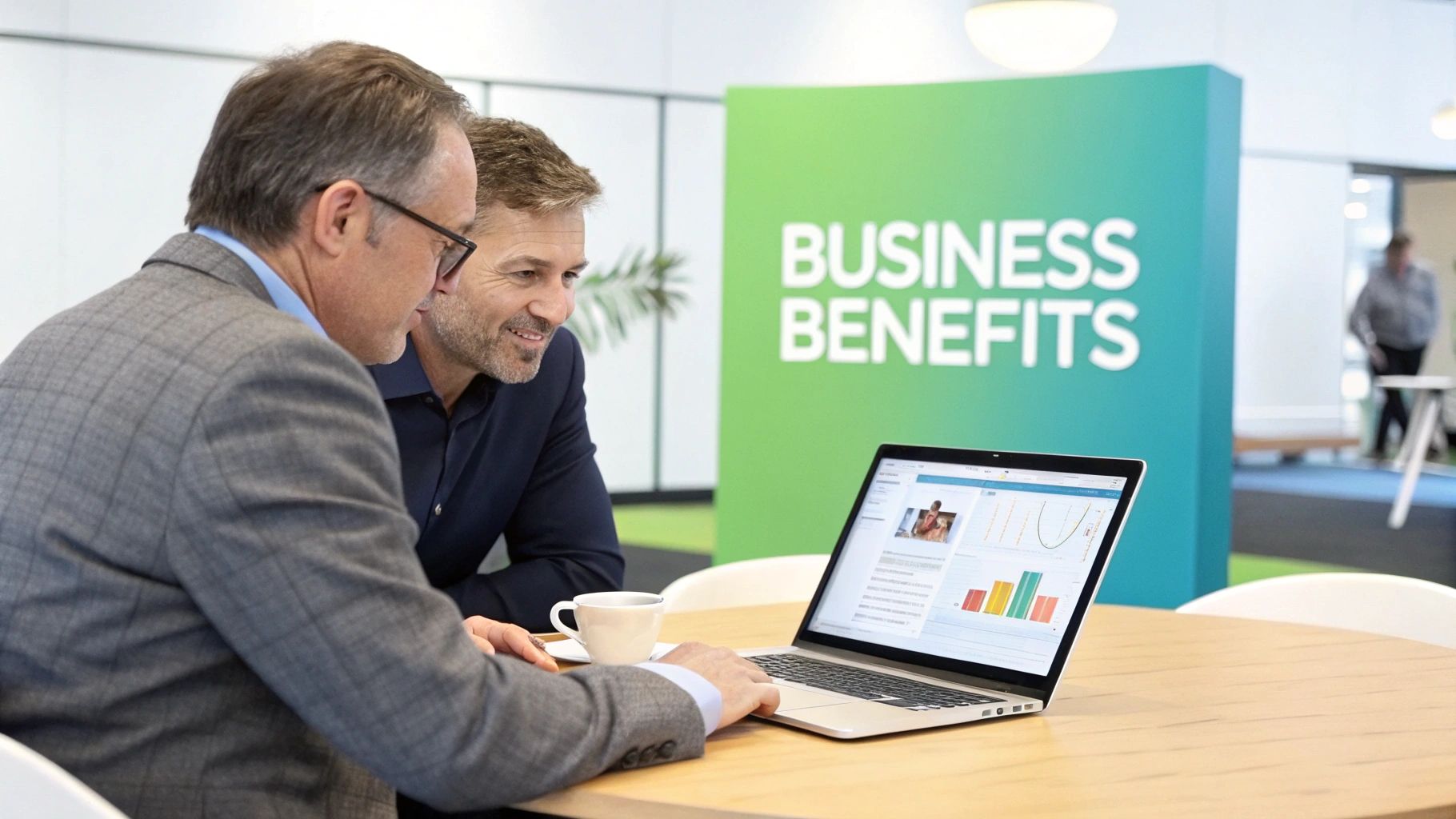 Two professional men in an office reviewing business data and charts on a laptop with a 'BUSINESS BENEFITS' sign.
