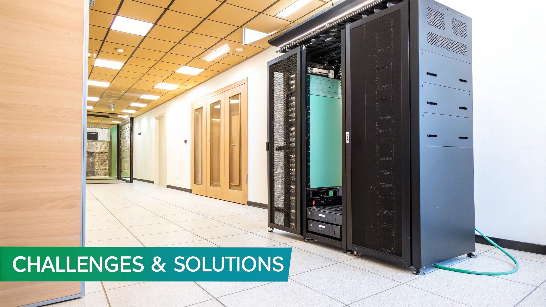 Modern data center hallway with open server racks showcasing IT infrastructure and equipment.