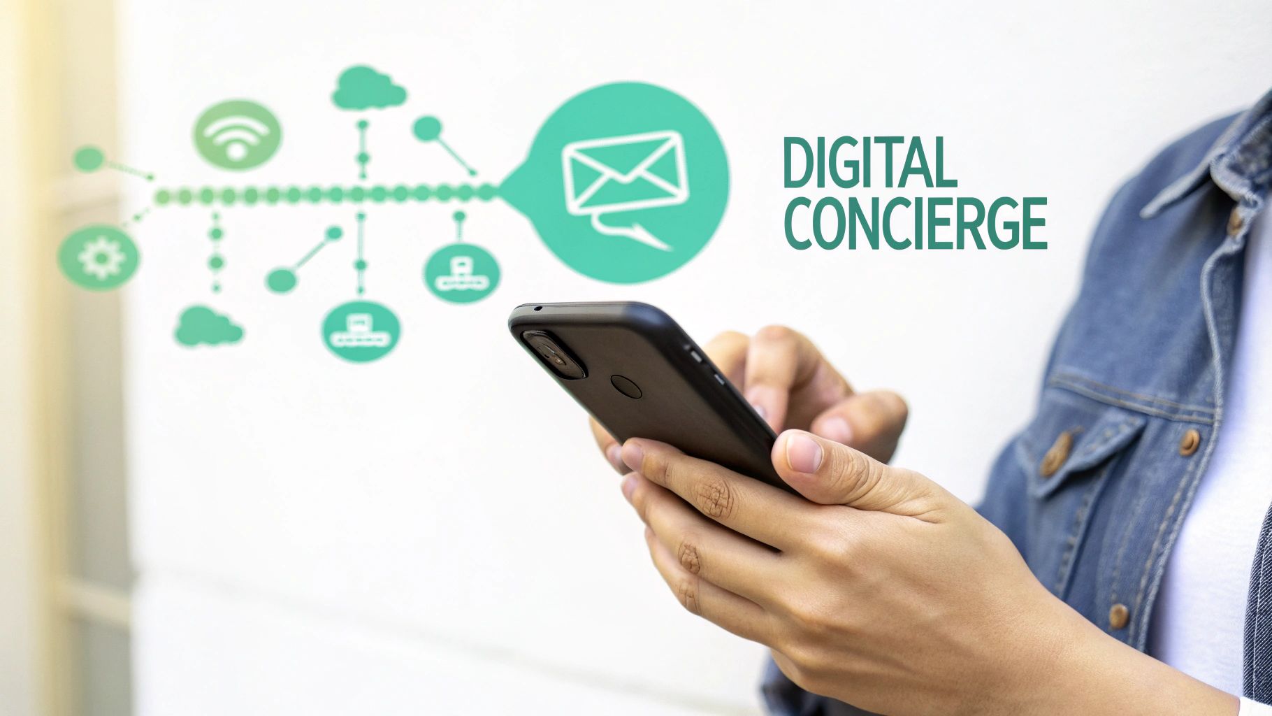 A person holds a smartphone, interacting with a 'Digital Concierge' system represented by network icons.