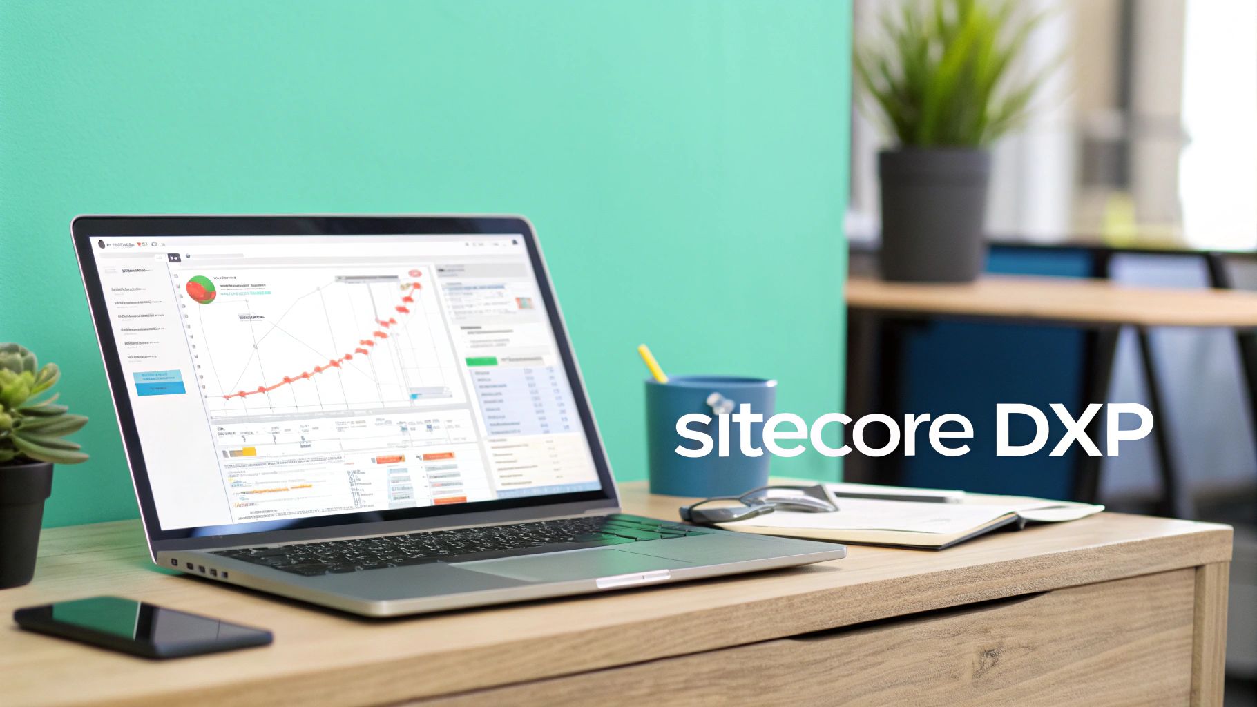 A laptop on a wooden desk displays Sitecore DXP digital analytics, with a smartphone and office supplies.