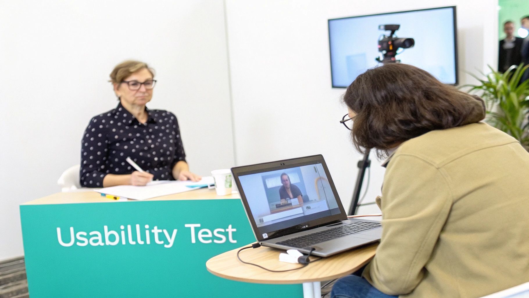 A usability test in progress, with participants engaging in observation and note-taking.