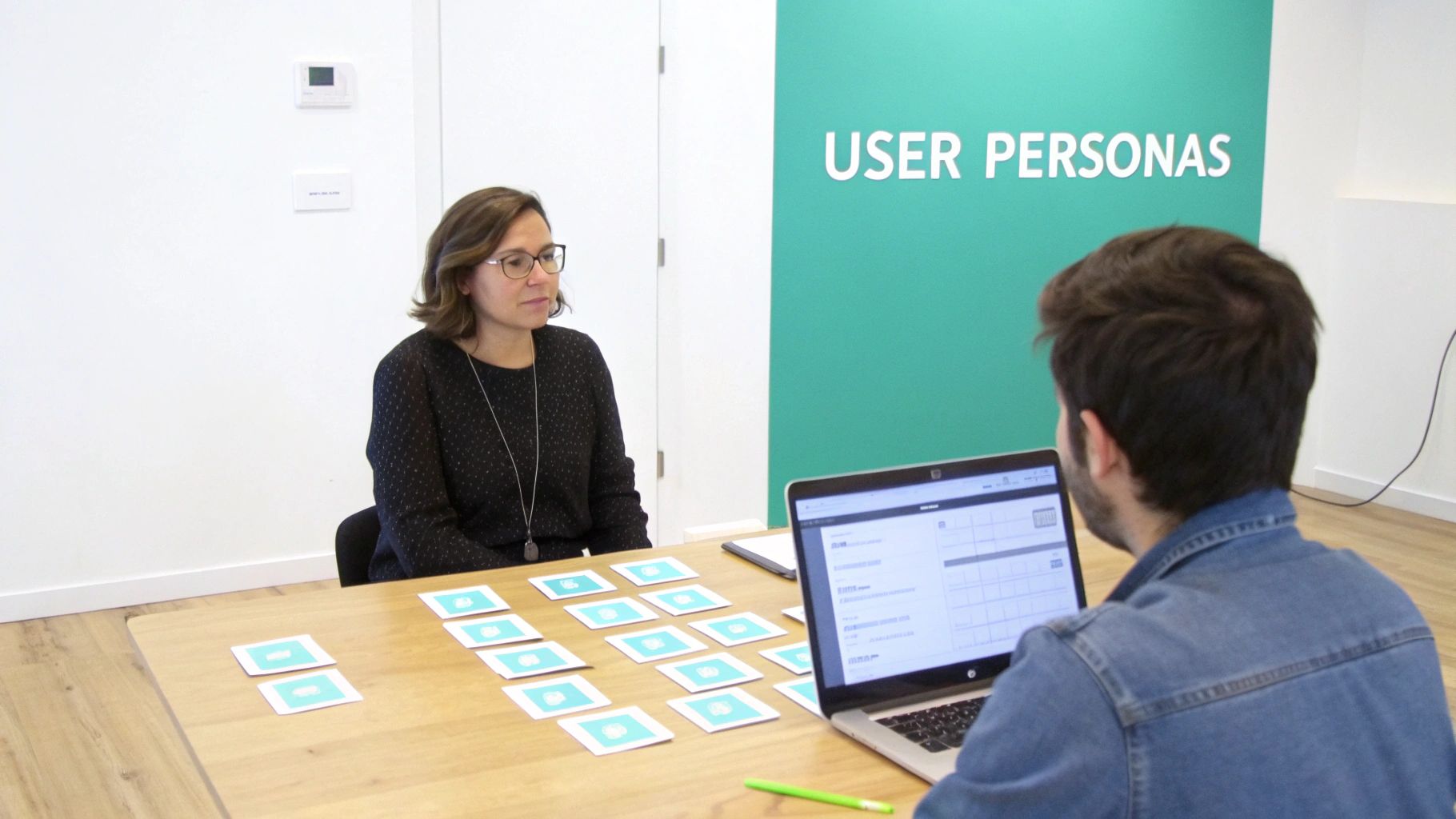 Two people conduct a UX design session, using cards and a laptop, with 'USER PERSONAS' on the wall.