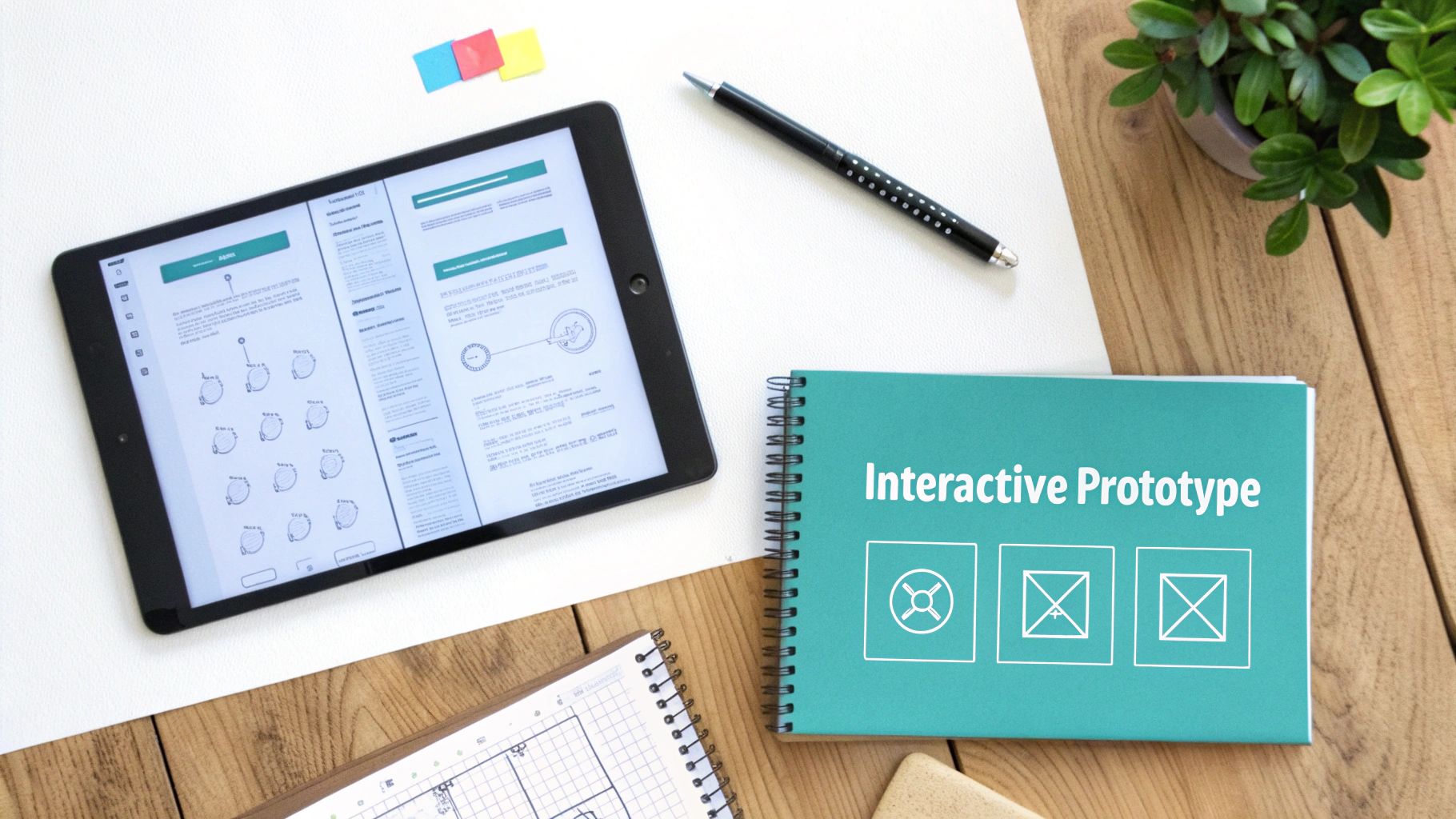 Overhead view of a UX design workspace with a tablet displaying a prototype and a teal notebook.