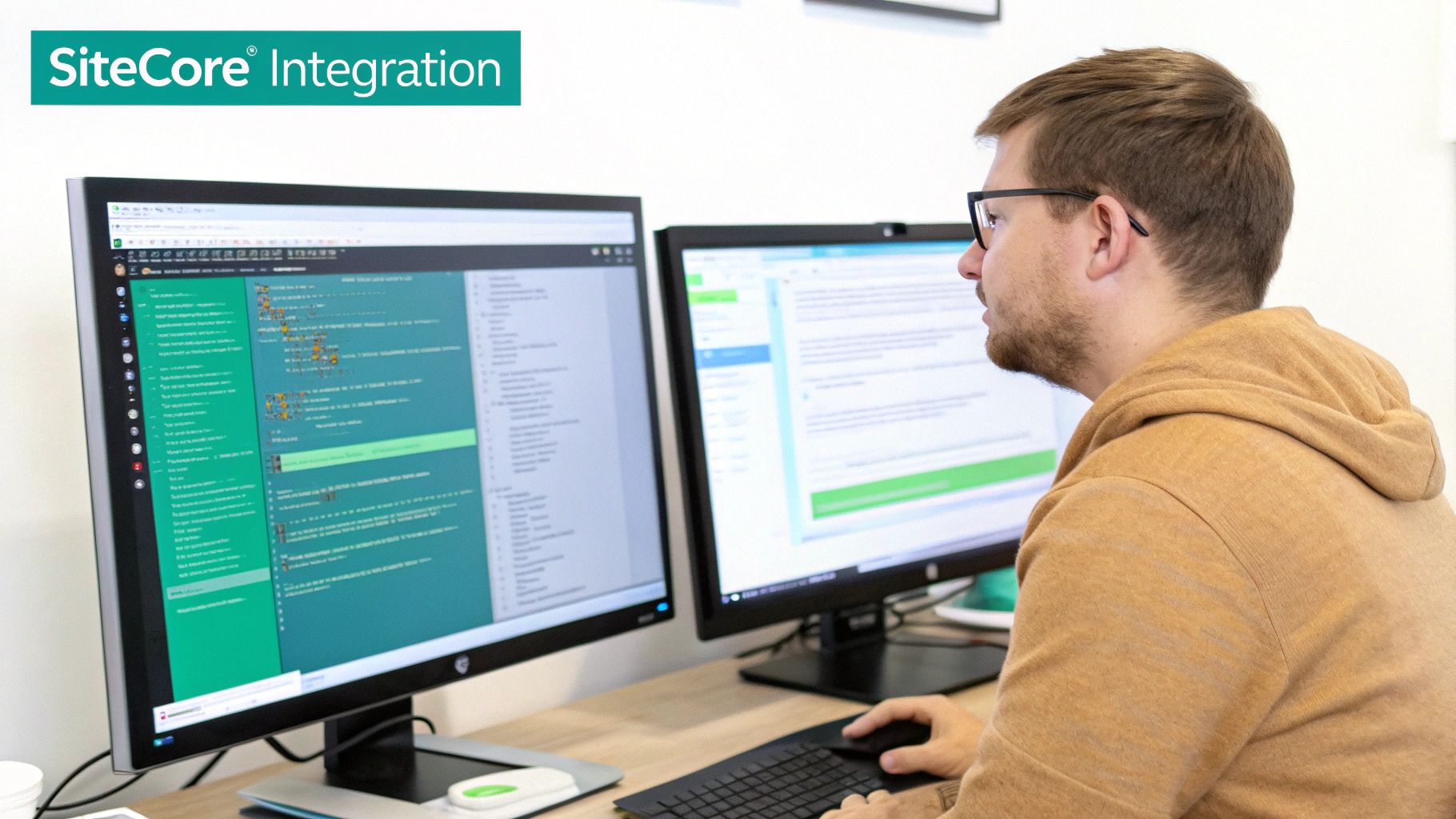 Developer in glasses working on Sitecore integration, typing on a keyboard with dual monitors.