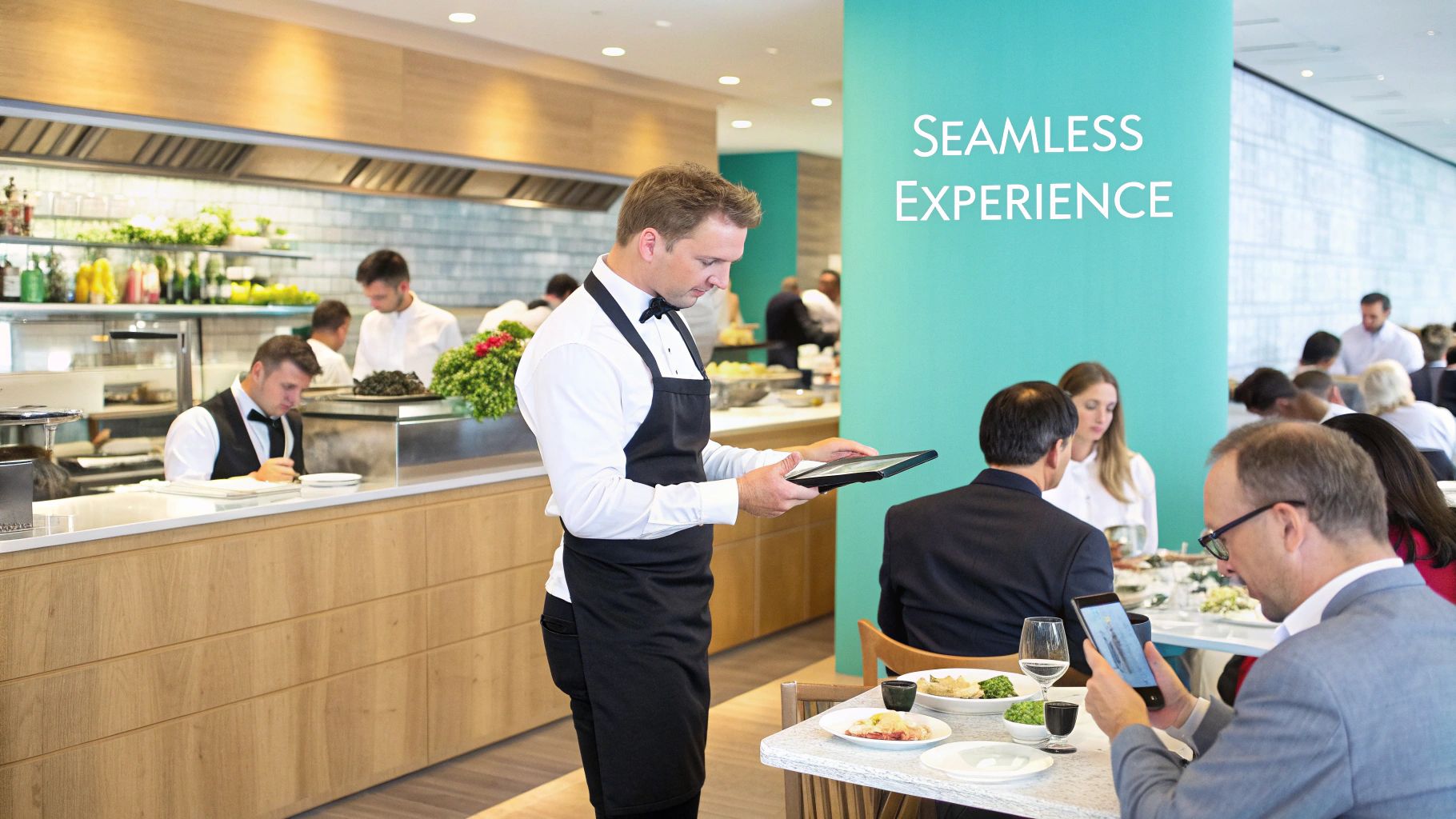 Waiter uses a digital tablet in a modern restaurant for a seamless customer experience.