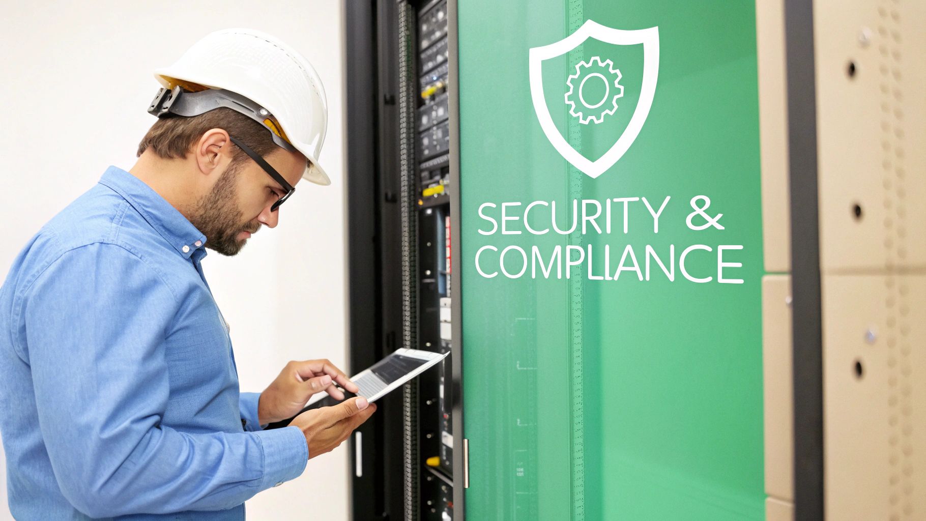 Engineer in hard hat checking IT security and compliance on a tablet in a server room.