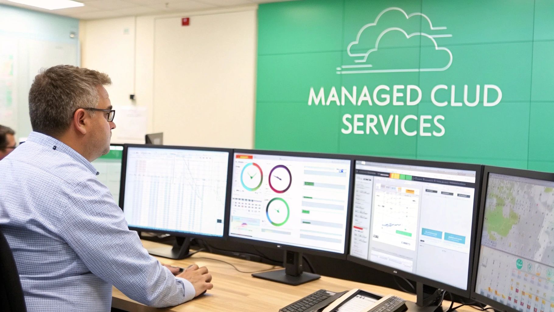 Man monitoring multiple screens in an IT operations center with 'Managed Cloud Services' on wall.
